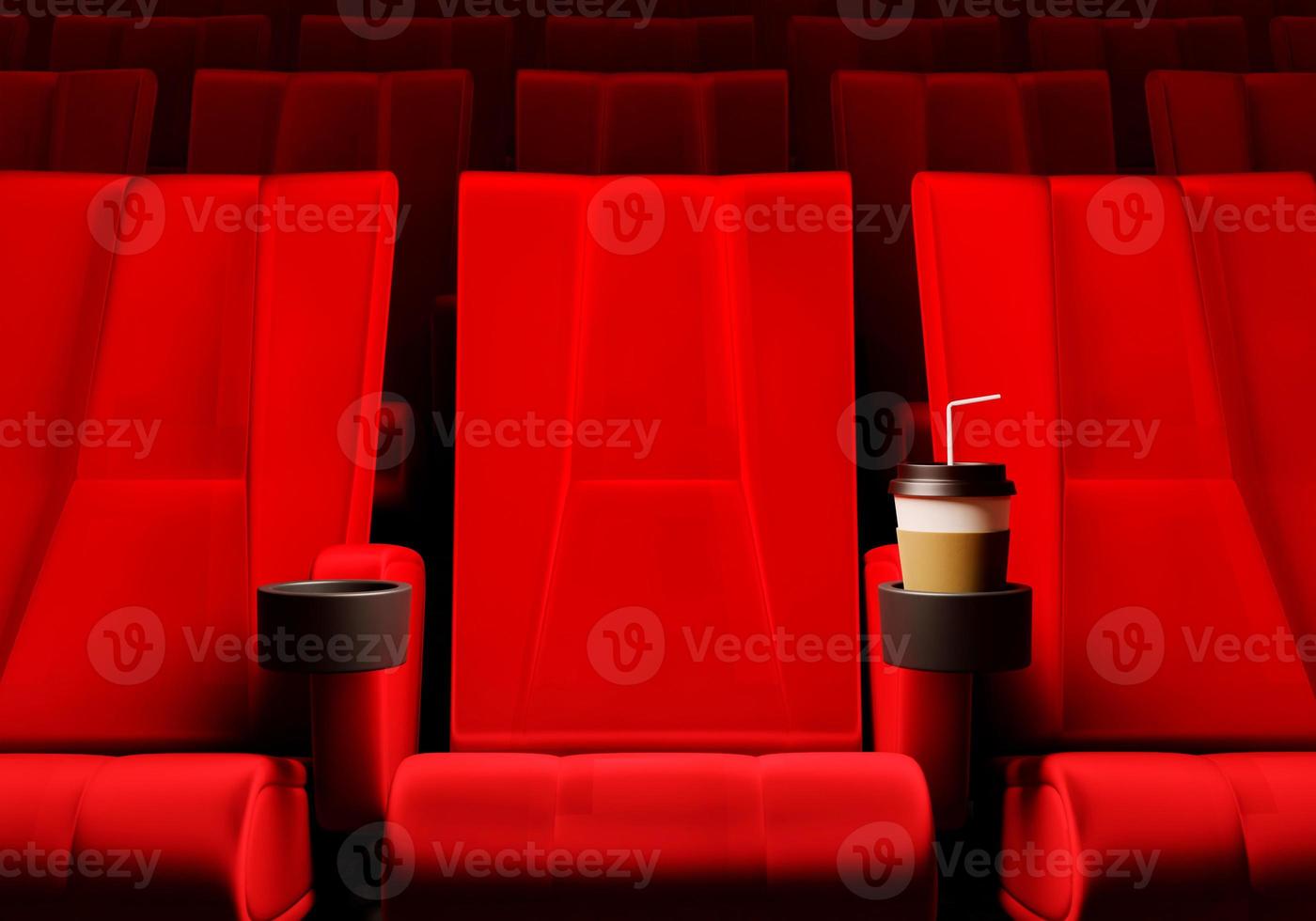 filas de asientos de terciopelo rojo viendo películas en el cine con fondo de banner de espacio de copia. concepto de entretenimiento y teatro. representación de ilustración 3d foto