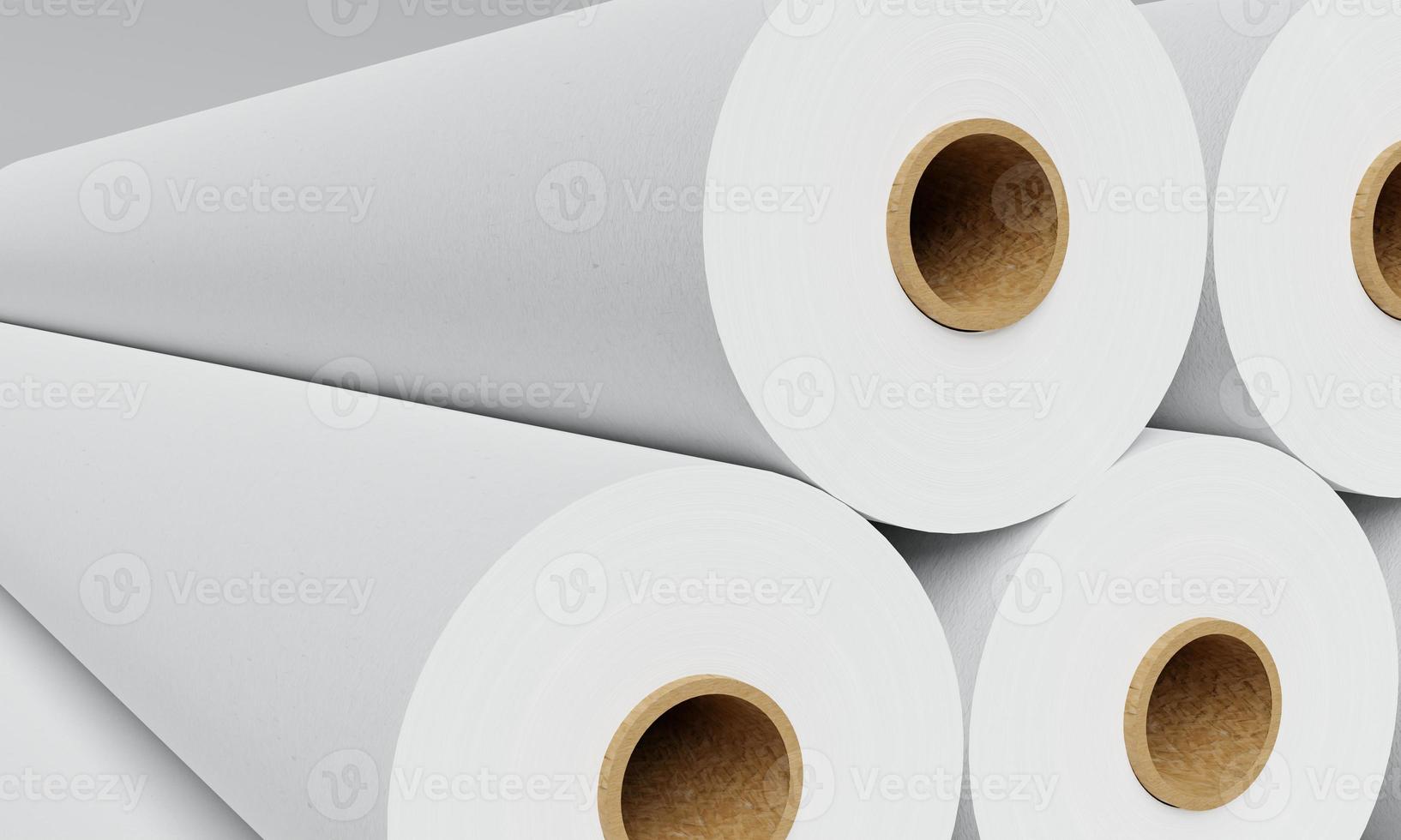 Group of white paper rolls in industrial factory for storage background. Production and manufacturing concept. 3D illustration rendering photo