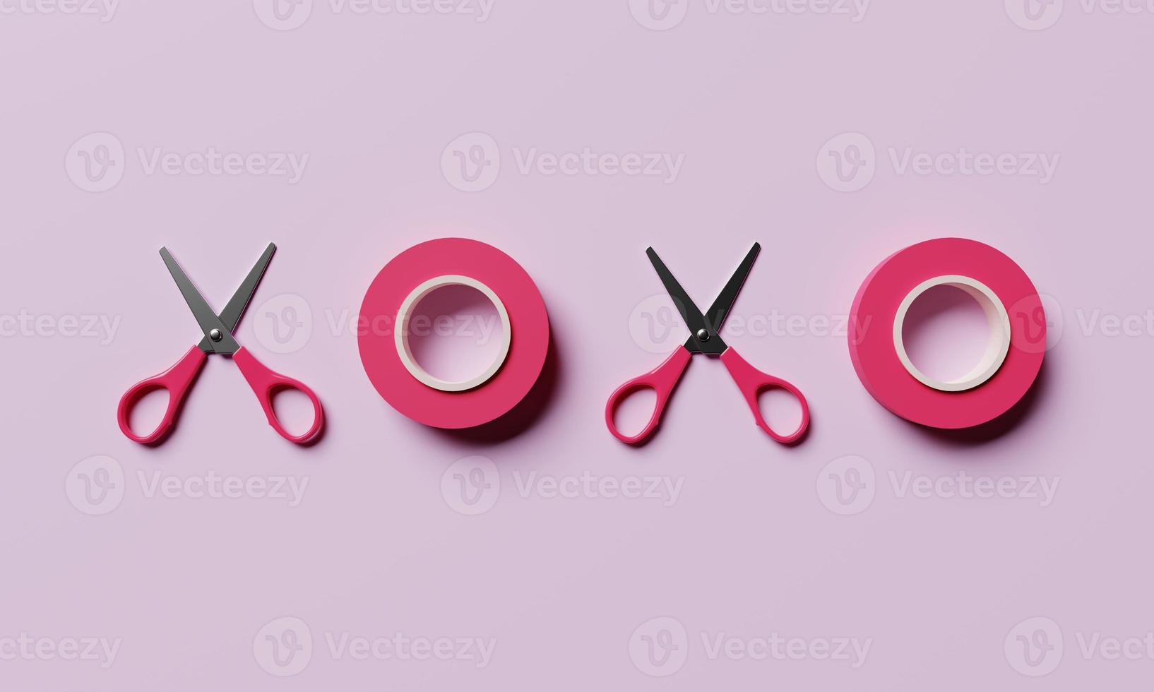 XOXO symbol is an abbreviation for hugs and kisses by scissors and ribbon tape on pink background. Love affection and Valentine's day concept. 3D illustration rendering photo