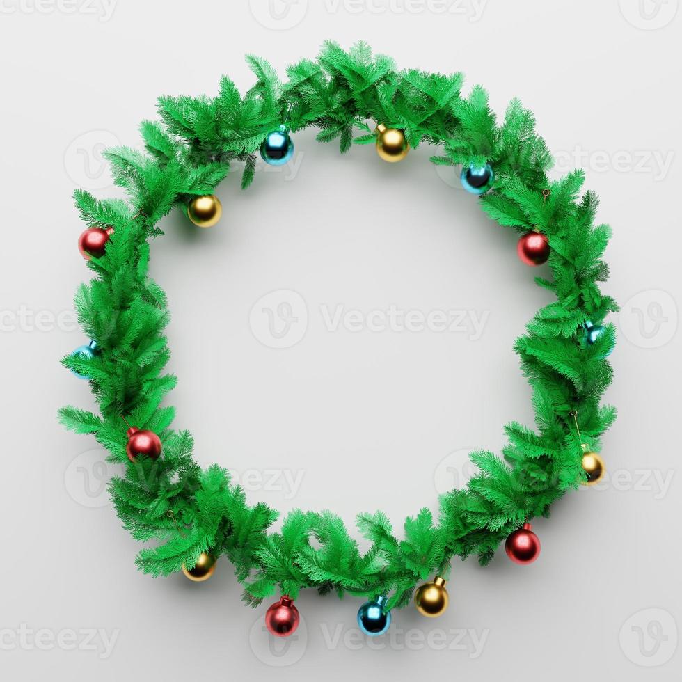 Christmas garland pine decoration with empty space in the middle on white background. Xmas holiday culture and new year concept. 3D illustration rendering photo