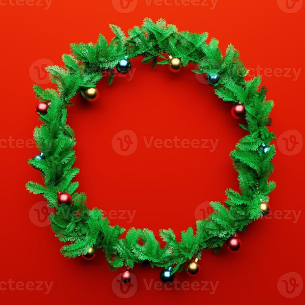 Christmas garland pine decoration with empty space in the middle on red background. Xmas holiday culture and new year concept. 3D illustration rendering photo