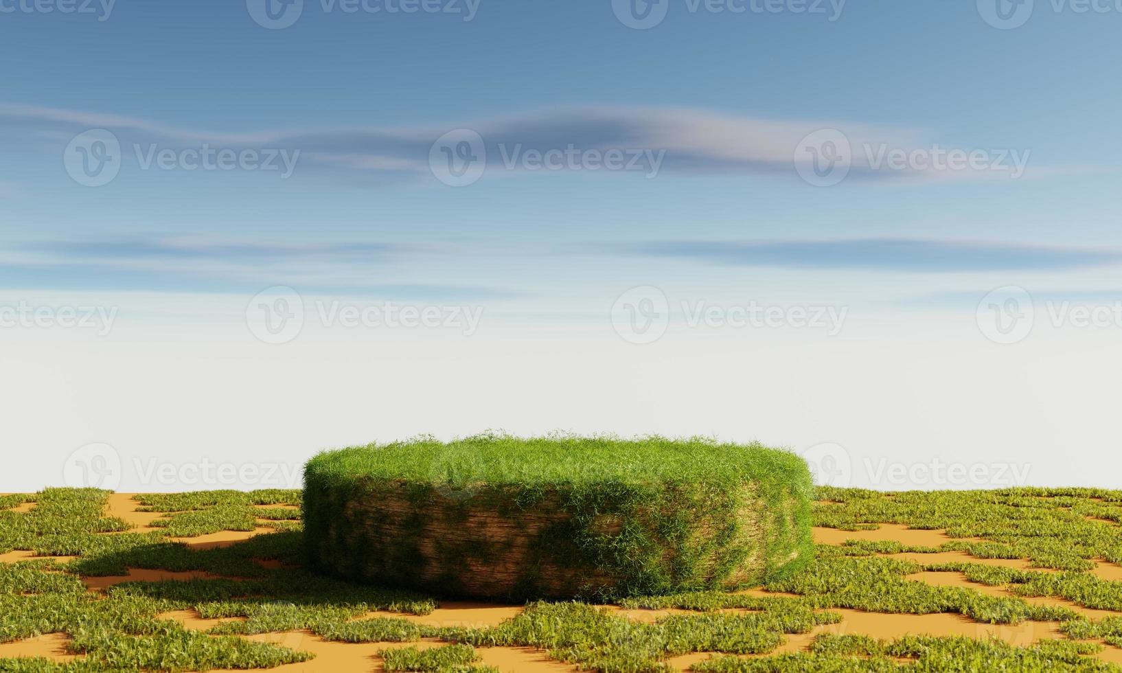 Grassy podium with cloudy blue sky background. Nature and abstract object for product presentation advertising concept. 3D illustration rendering photo