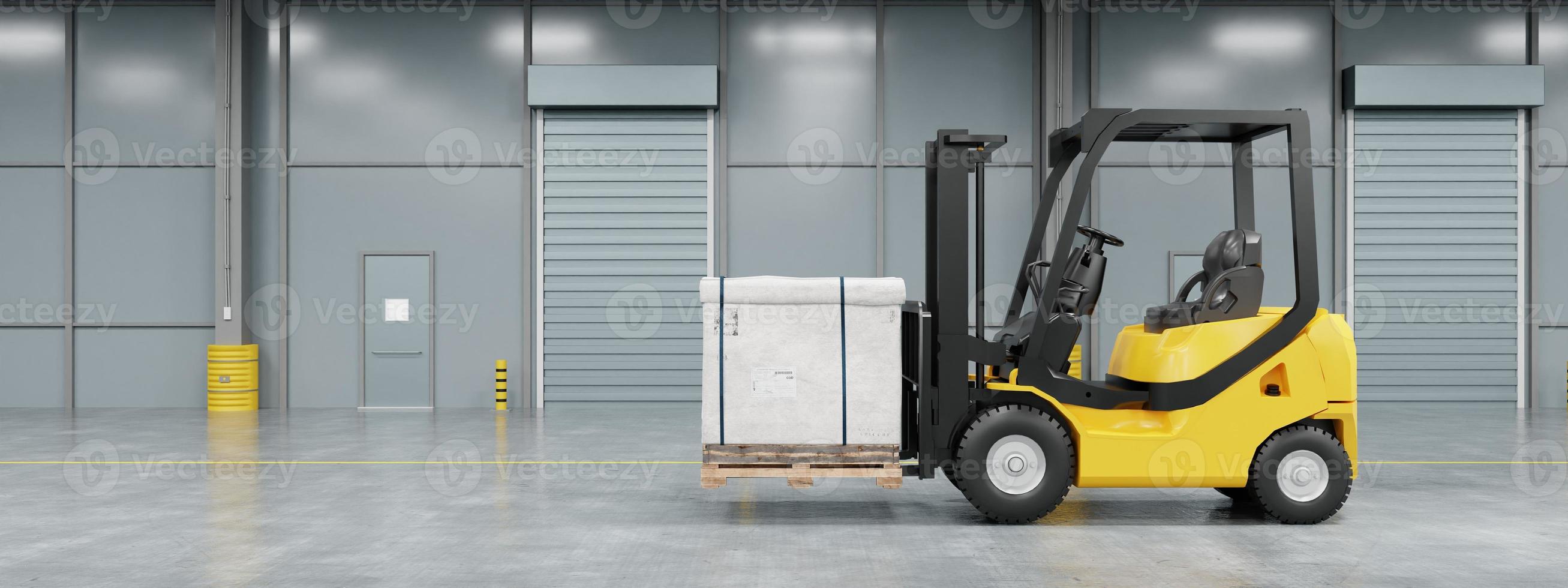 Forklift truck in warehouse moving and loading cardboard pallet box with copy space background. Industrial machine and business transportation concept. 3D illustration rendering photo