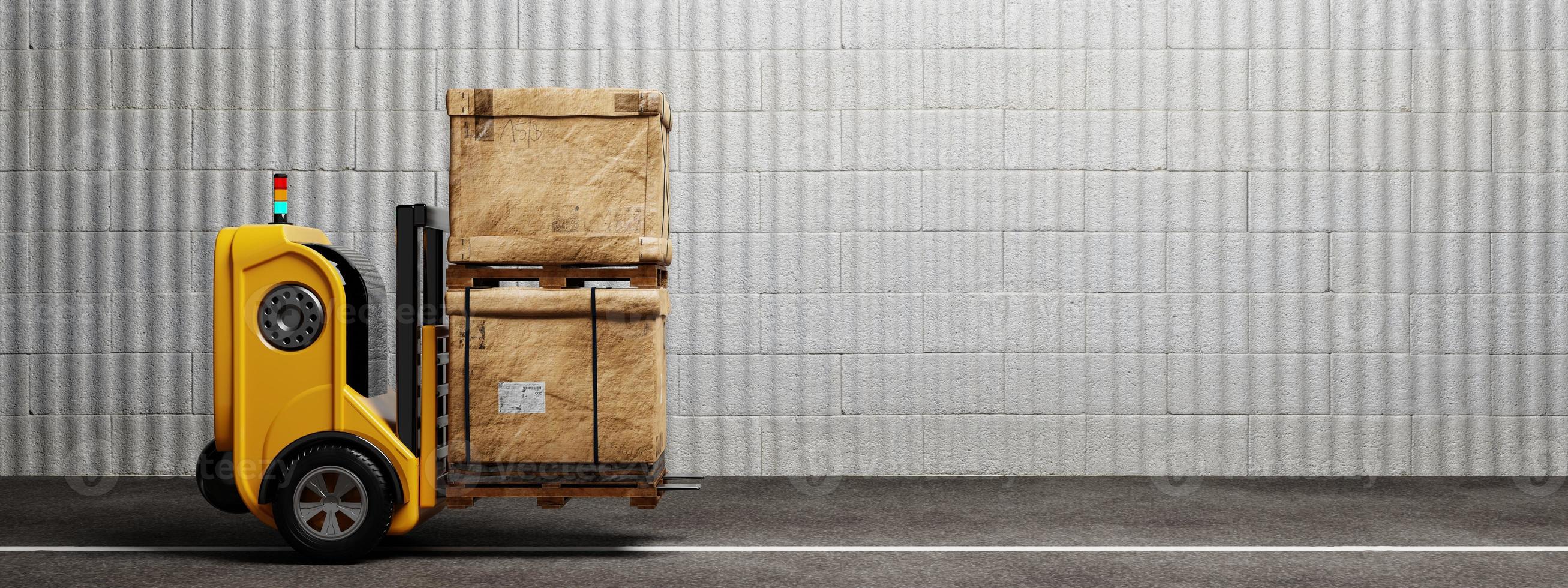 Driverless car forklift robot lifting and moving pallets cardboard box to storage room. Business industrial and production concept. and a 3D illustration rendering photo