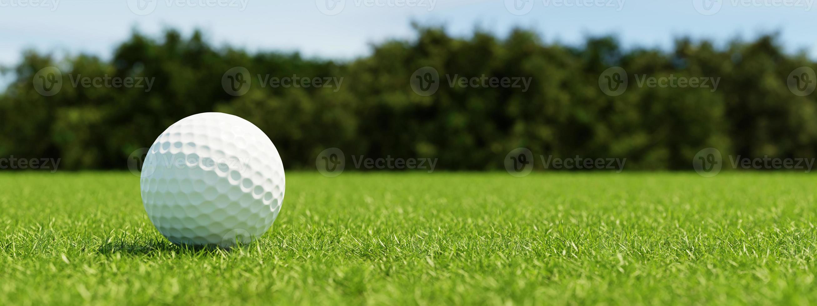 Golf ball on grass in fairway green background. Banner for advertising with copy space. Sport and athletic concept. 3D illustration rendering photo