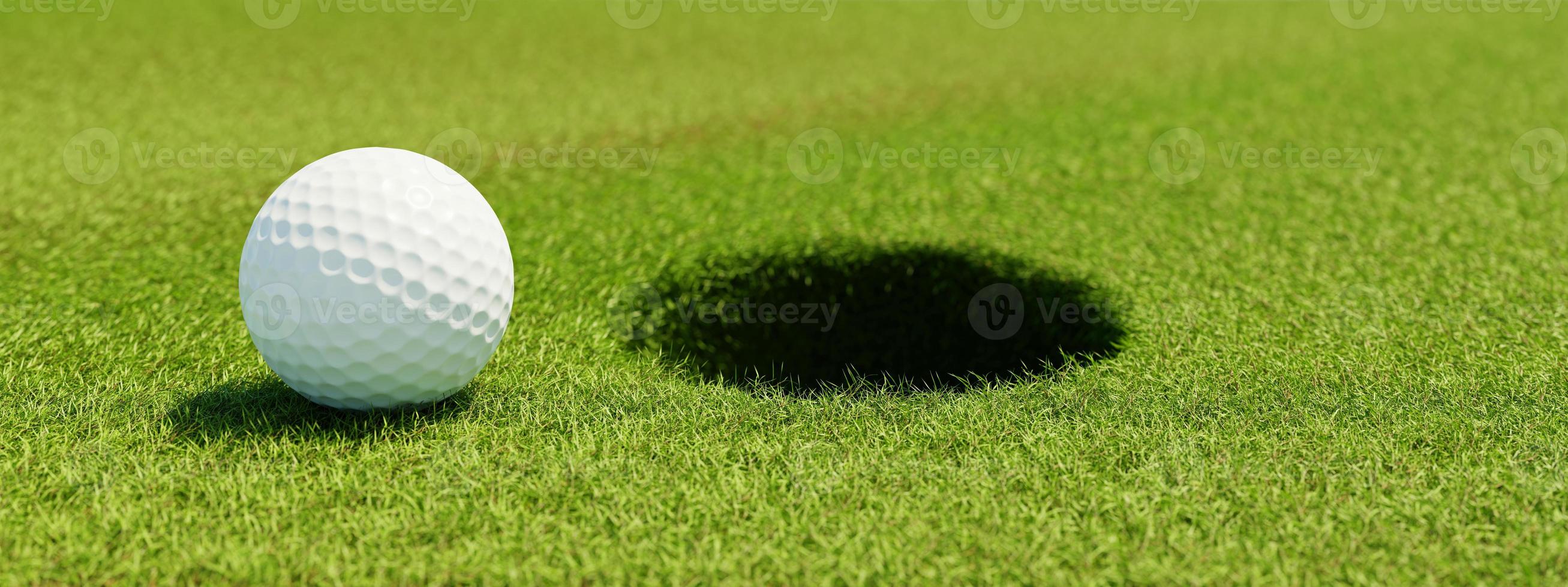 Golf ball on grass in fairway with hole on green background. Sport and athletic concept. 3D illustration rendering photo