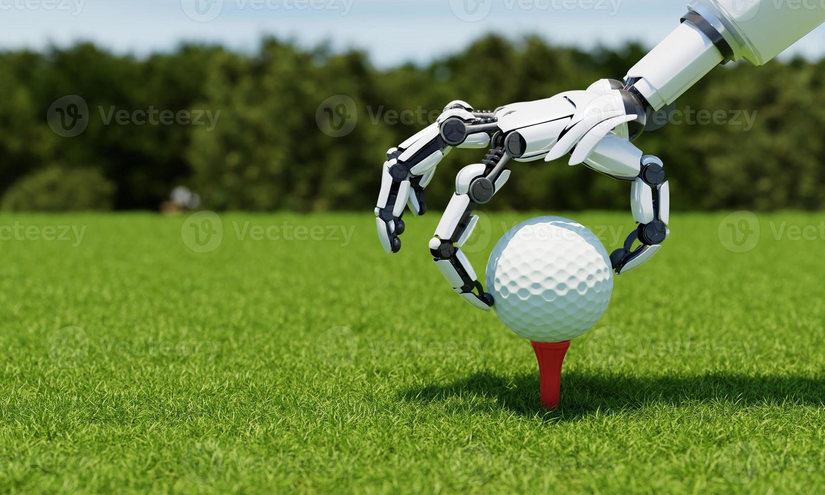 Robot arm putting golf ball on tee as caddy or player with fairway green background. Sport athletic and technology concept. 3D illustration rendering photo