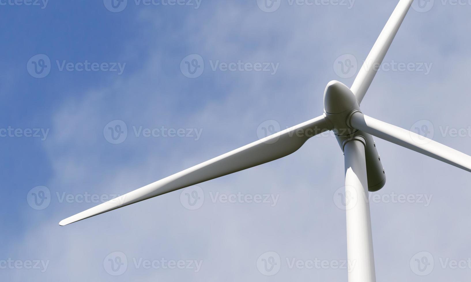 Wind turbine spinning to generate electricity for households. clean and sustainable energy concept. 3D illustration rendering photo
