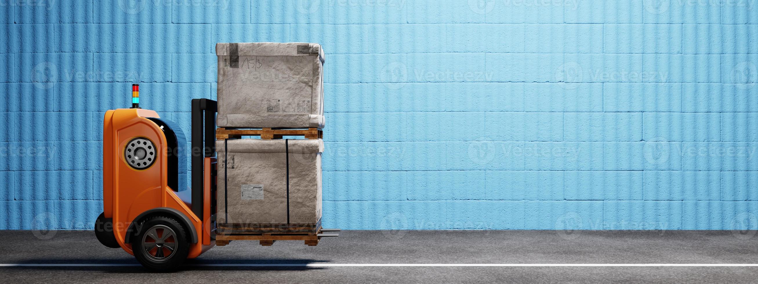 Driverless car forklift robot lifting and moving pallets cardboard box to storage room. Business industrial and production concept. and a 3D illustration rendering photo