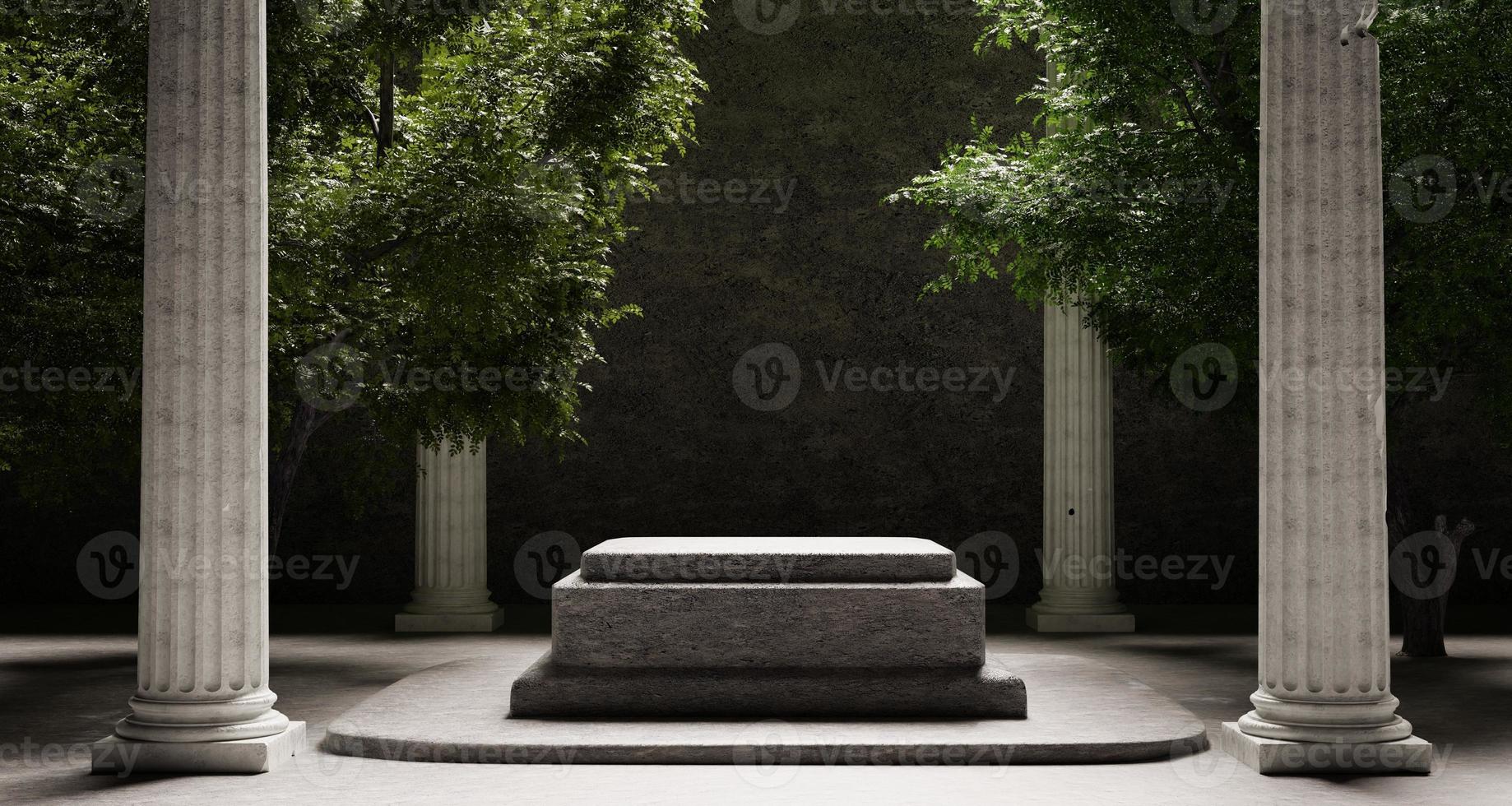 Stone platform with Corinthian pillars and natural trees with shadow background. Historical and landmark object for advertising concept. 3D illustration rendering photo