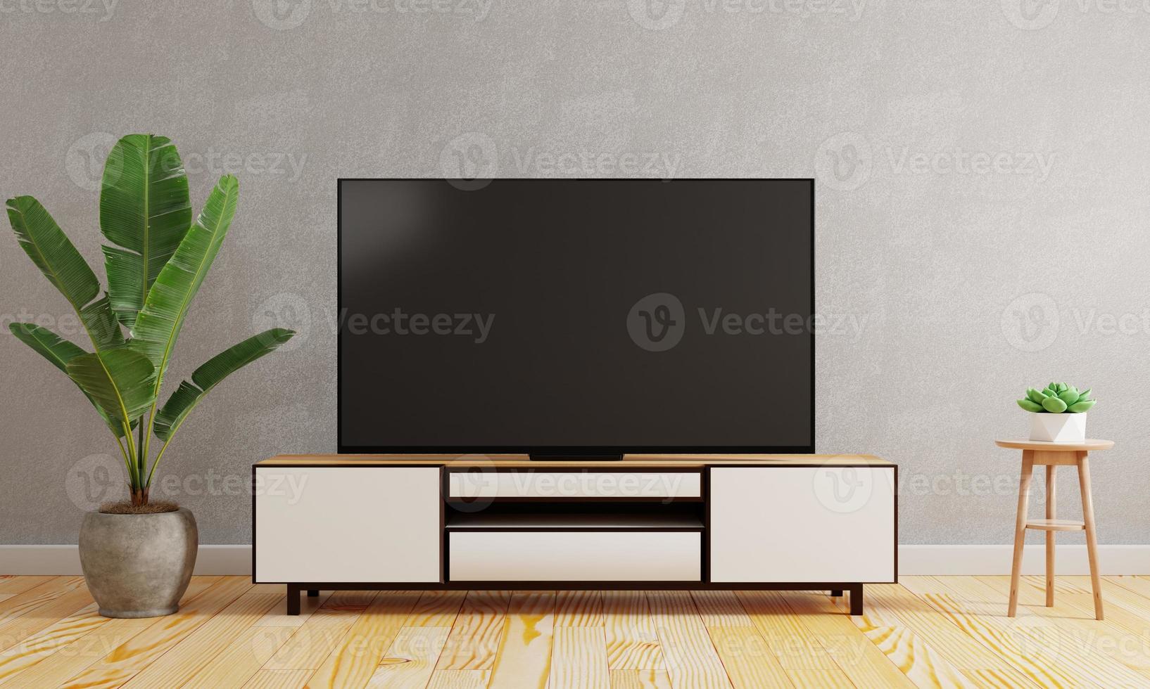 Television on cabinet cupboard on the middle of modern living room background. Interior and Architecture concept. 3D illustration rendering photo