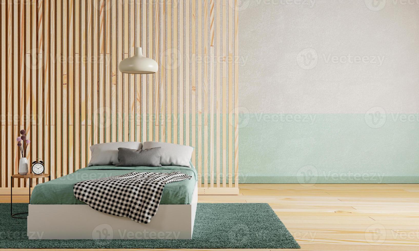 Green bedroom with wooden floor and partition wall and white green color raw concrete background. Interior and Architecture concept. 3D illustration rendering photo