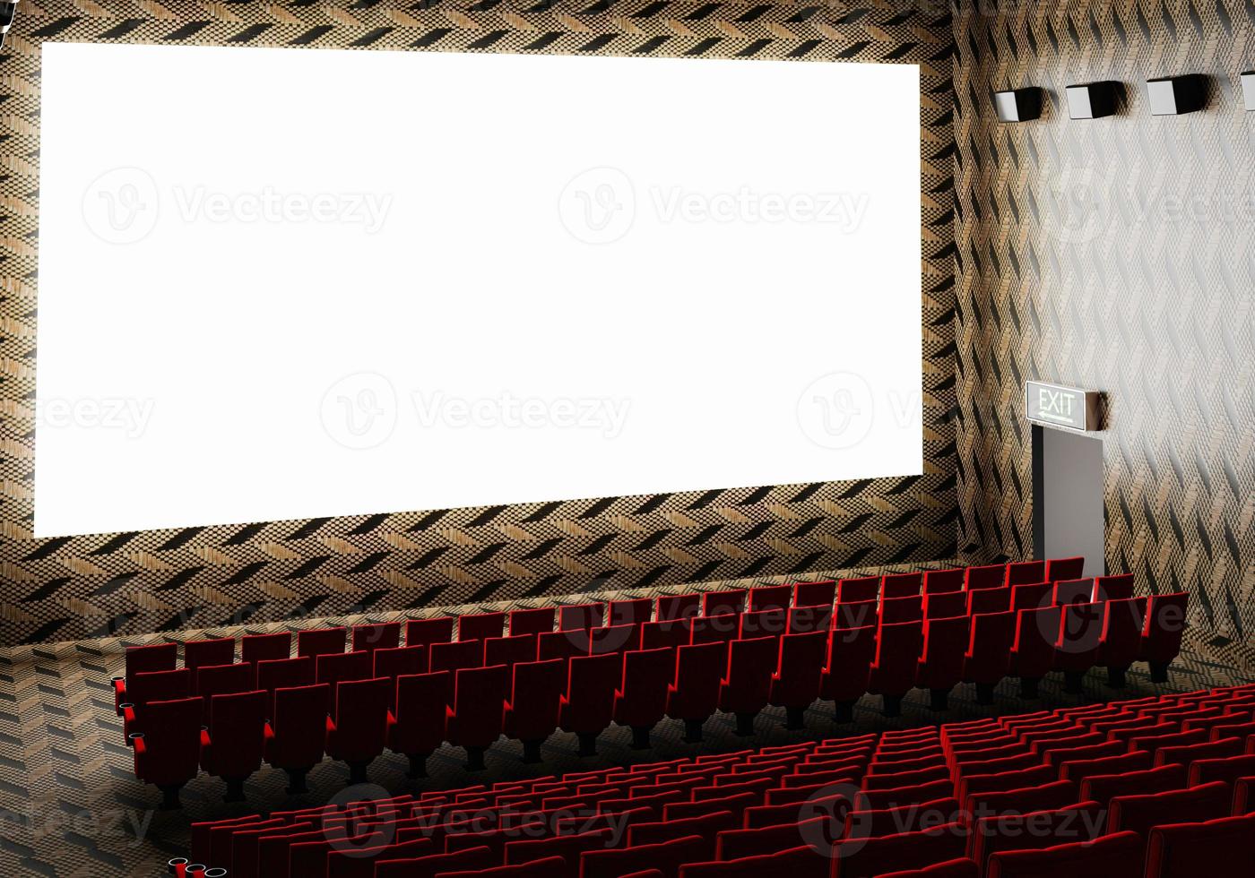 Blank white luminous cinema movie theatre screen with realistic red rows of seats and chairs with empty copy space background. Movie premiere and Entertainment concept. 3D illustration rendering photo