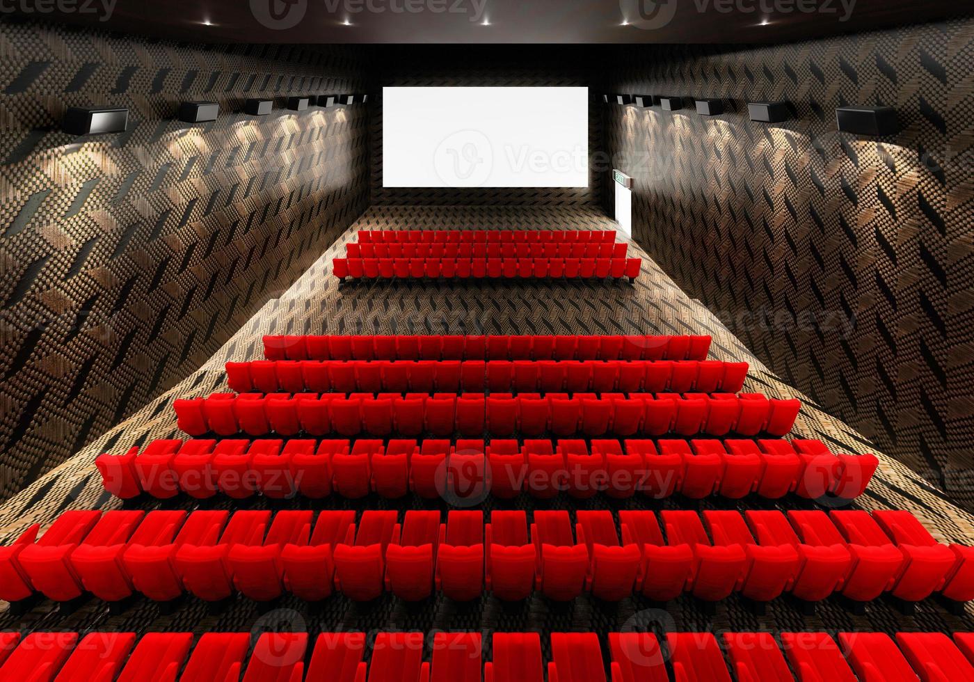 Blank white luminous cinema movie theatre screen with realistic red rows of seats and chairs with empty copy space background. Movie premiere and Entertainment concept. 3D illustration rendering photo