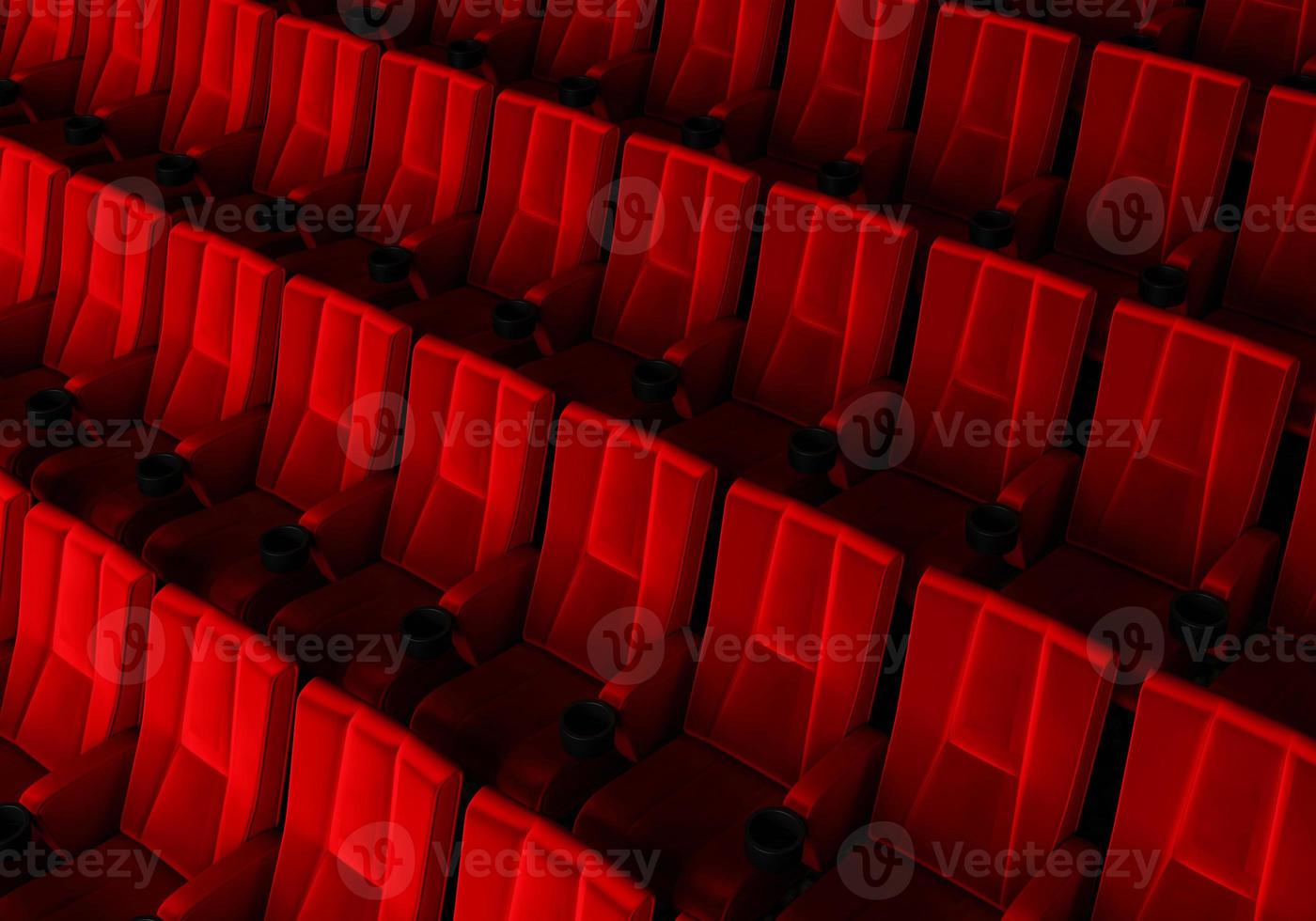 Rows of red velvet seats watching movies in the cinema with copy space banner background. Entertainment and Theater concept. 3D illustration rendering photo