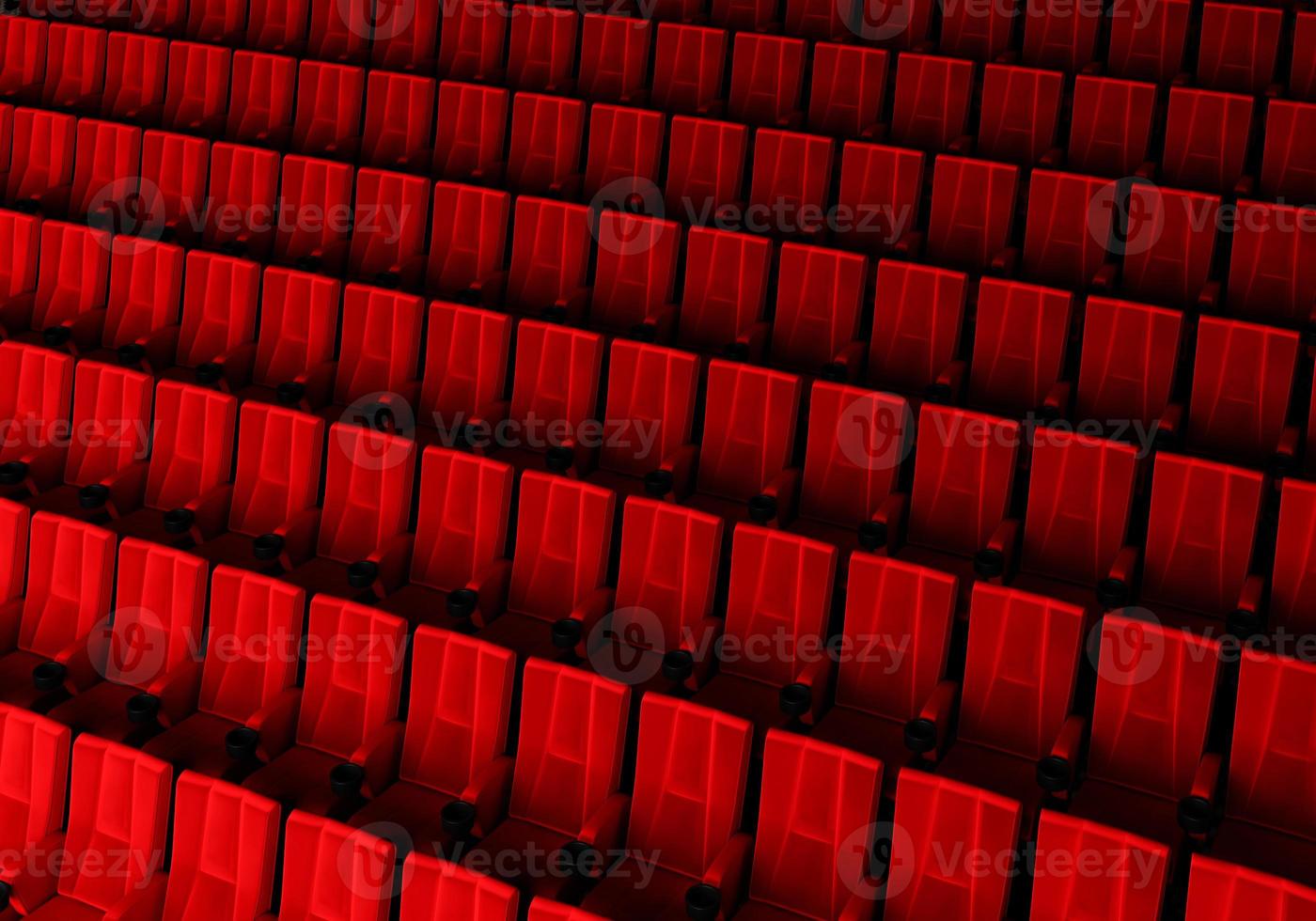 filas de asientos de terciopelo rojo viendo películas en el cine con fondo de banner de espacio de copia. concepto de entretenimiento y teatro. representación de ilustración 3d foto