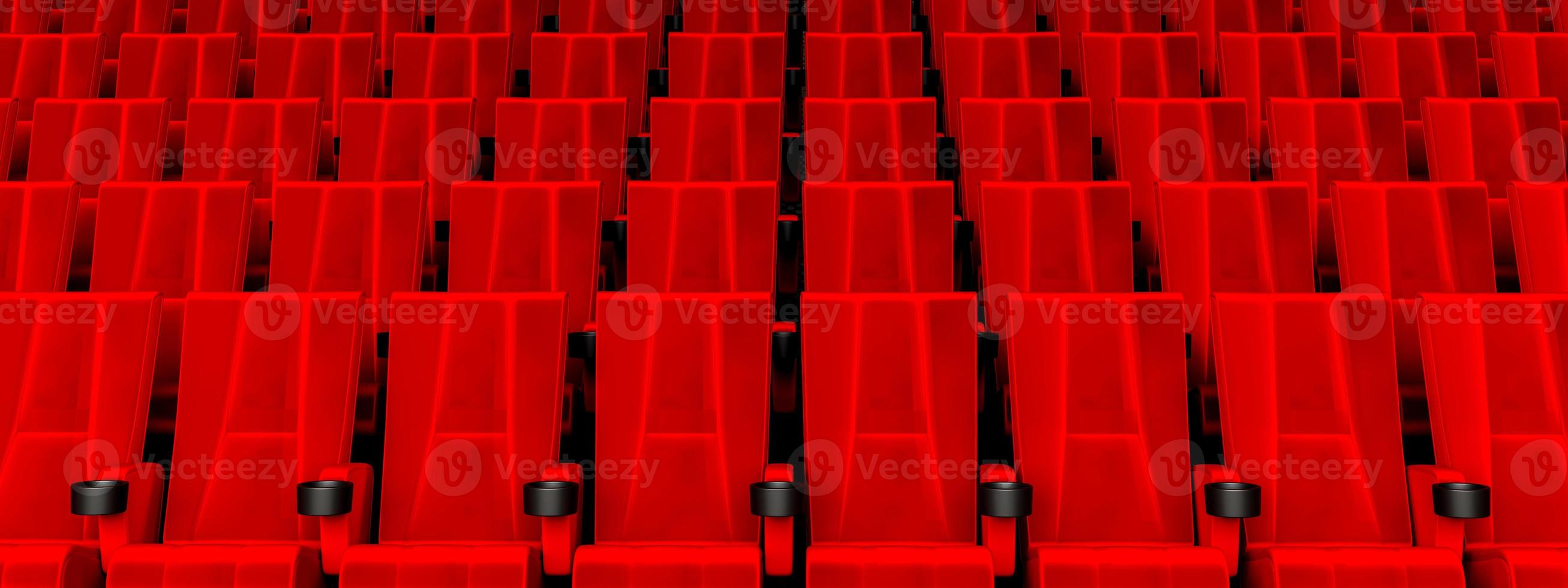 Rows of red velvet seats watching movies in the cinema with copy space banner background. Entertainment and Theater concept. 3D illustration rendering photo