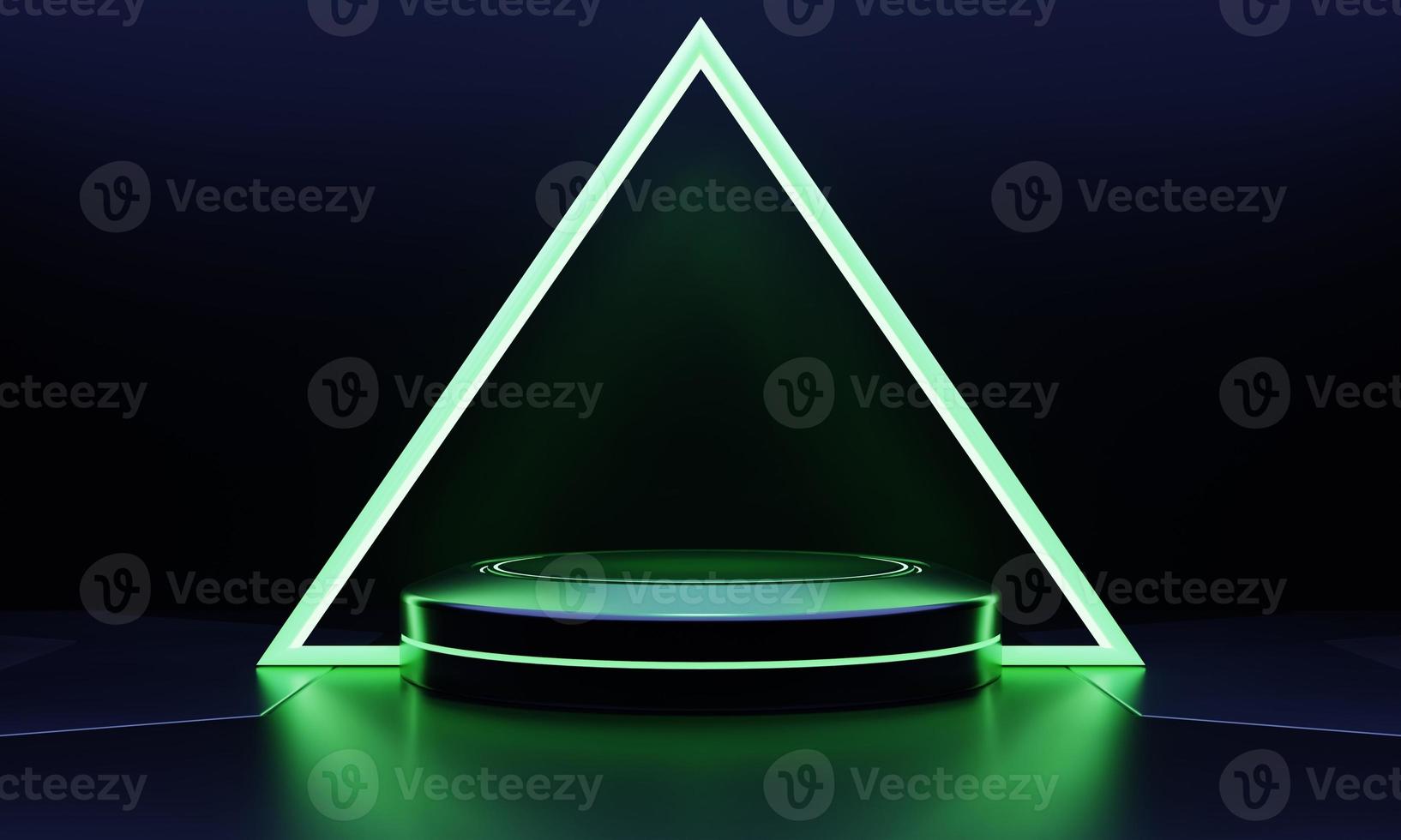 Modern product showcase sci-fi podium with green glowing light neon background. Technology and object concept. 3D illustration rendering photo