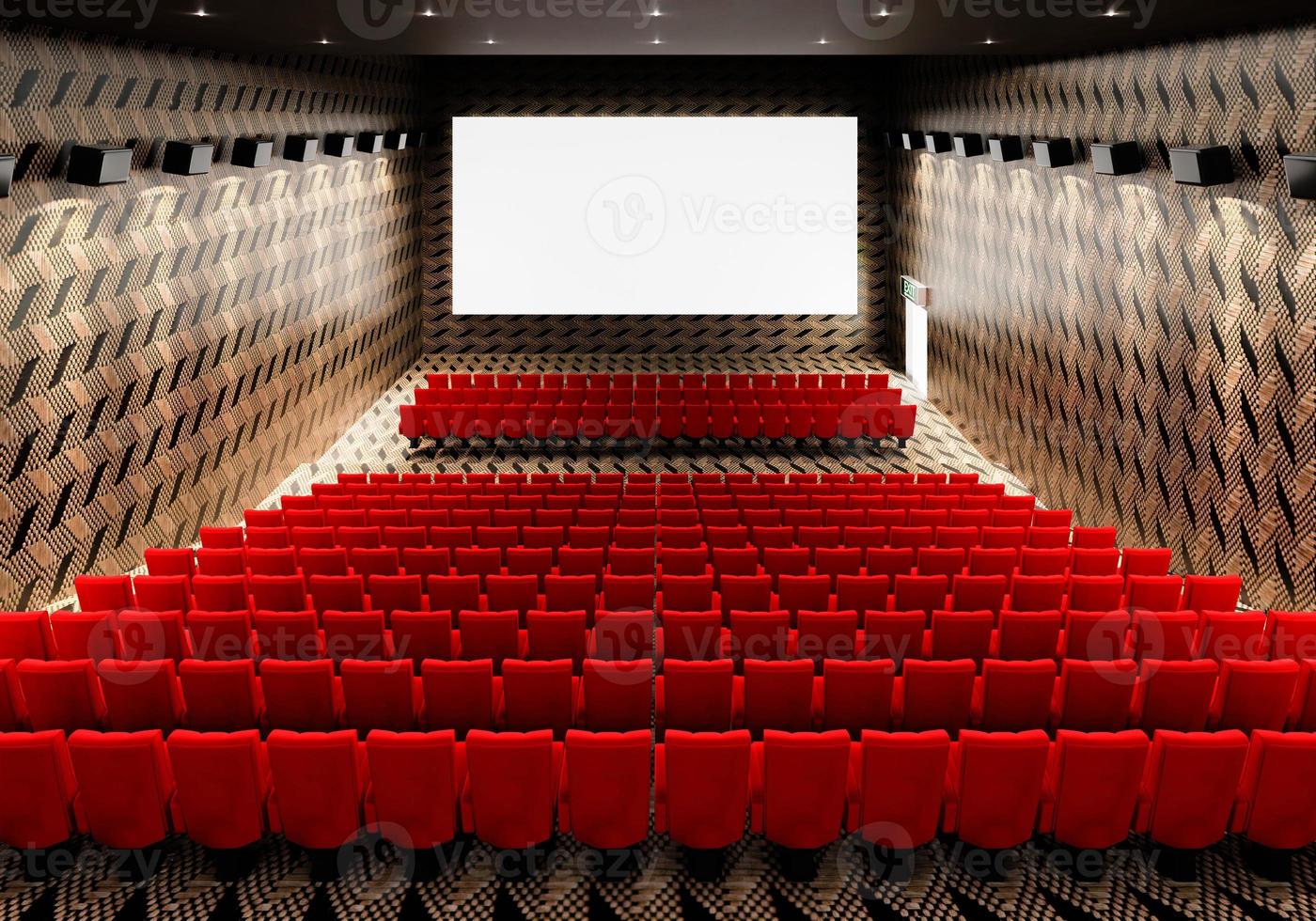 pantalla de cine luminosa blanca en blanco con filas rojas realistas de asientos y sillas con fondo de espacio de copia vacío. estreno de la película y concepto de entretenimiento. representación de ilustración 3d foto