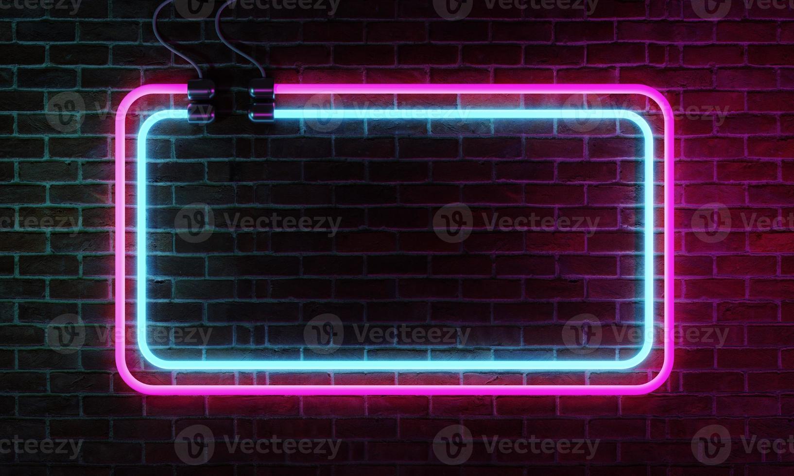 Neon sign banner with copy space on brick wall background. Abstract art and object concept. 3D illustration rendering photo