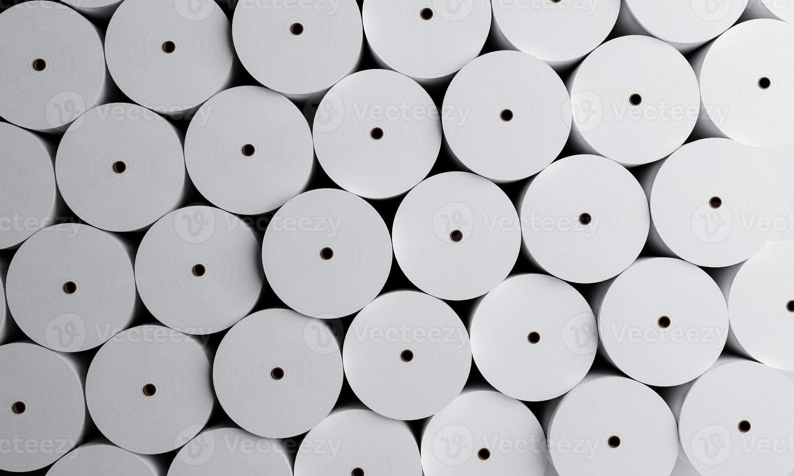 Group of white paper rolls in industrial factory for storage background. Production and manufacturing concept. 3D illustration rendering photo