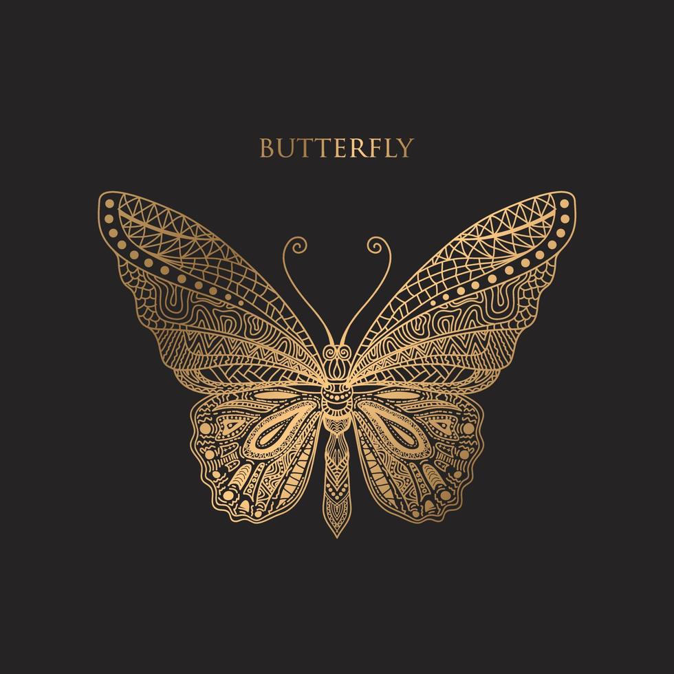 vector Beautifully Patterned Golden Butterfly Line Vector On Black Background