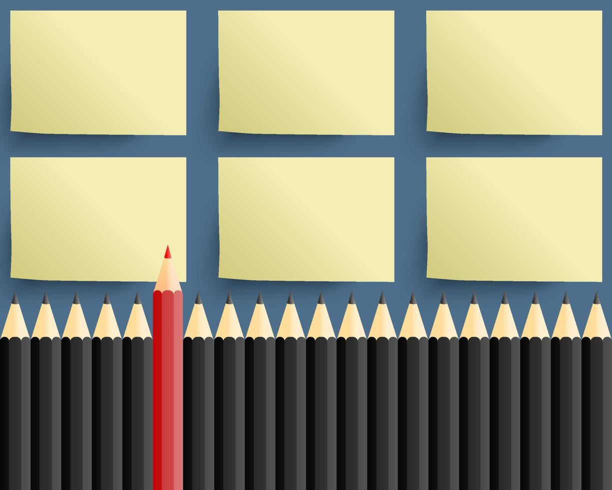 Businesses think of different concepts. Red color pencil among black color pencil with six sticky note. unique and creative. vector