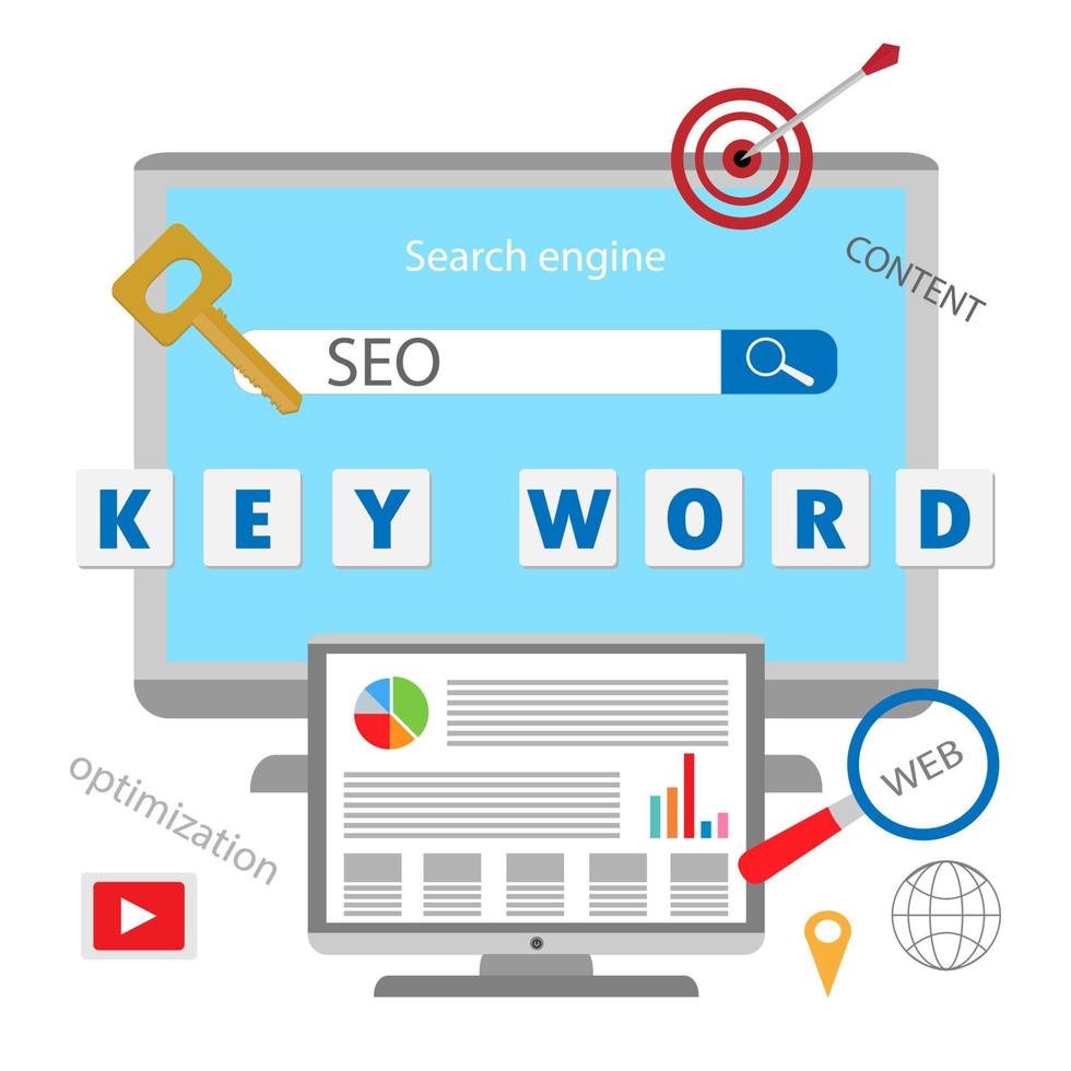 campaña de marketing seo, sem, optimización de motores de búsqueda empresarial. vector plano de búsqueda de marketing en Internet con iconos y textos