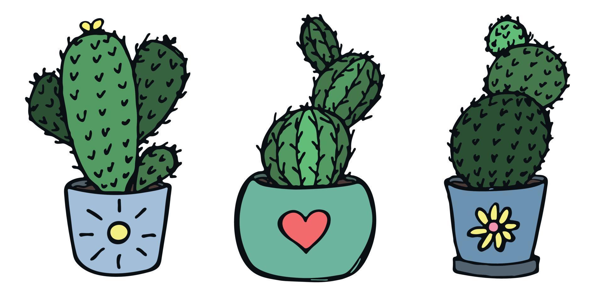 conjunto de lindos cactus simples dibujados a mano. planta de interior en una maceta clipart. ilustración de cactus garabato hogareño acogedor. vector