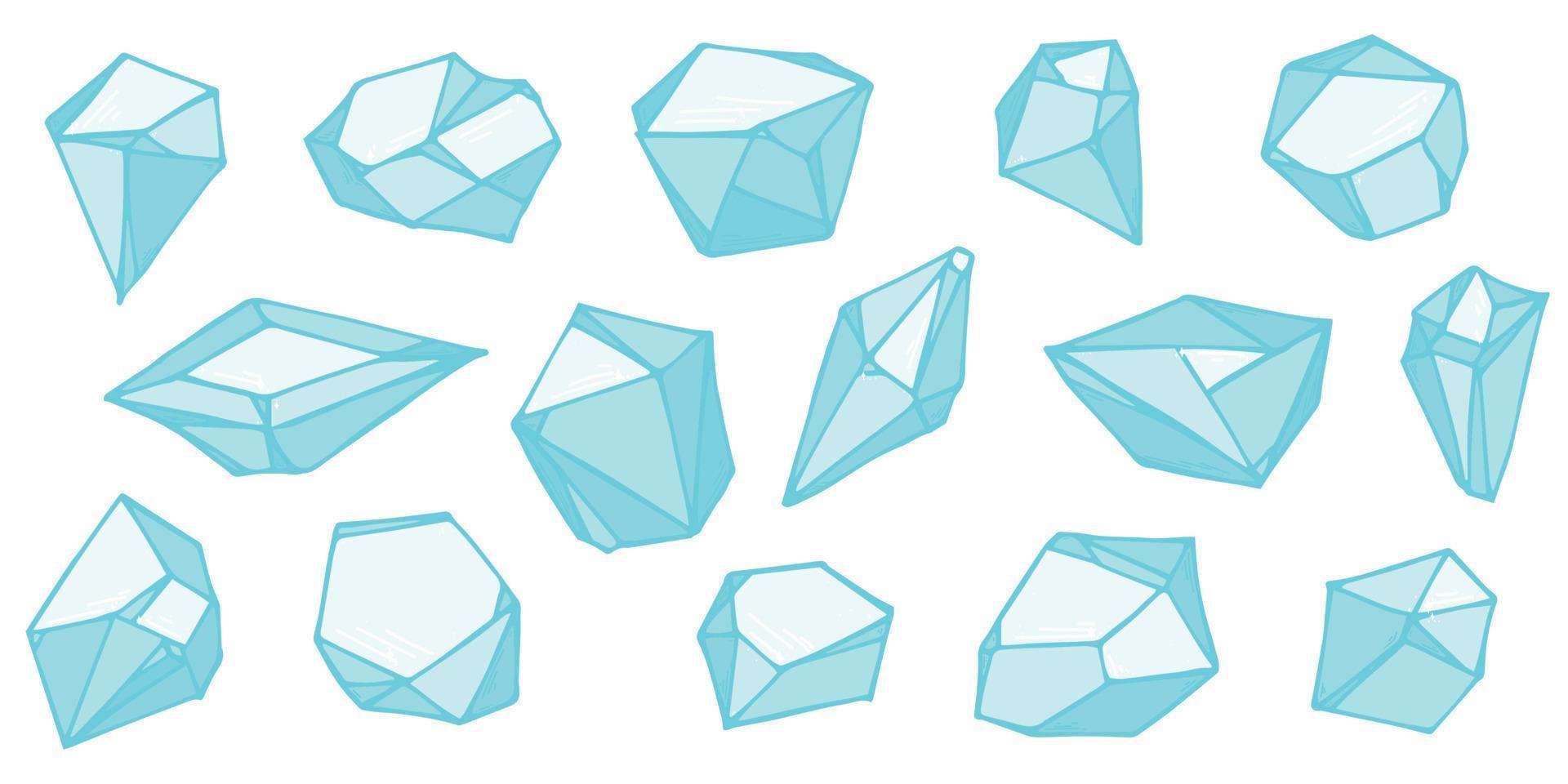 Hand drawn crystals set. Geometric gems diamonds vector illustrations collection. Colorful shard of glass. For geology, jewelry store, decoration, game, web.