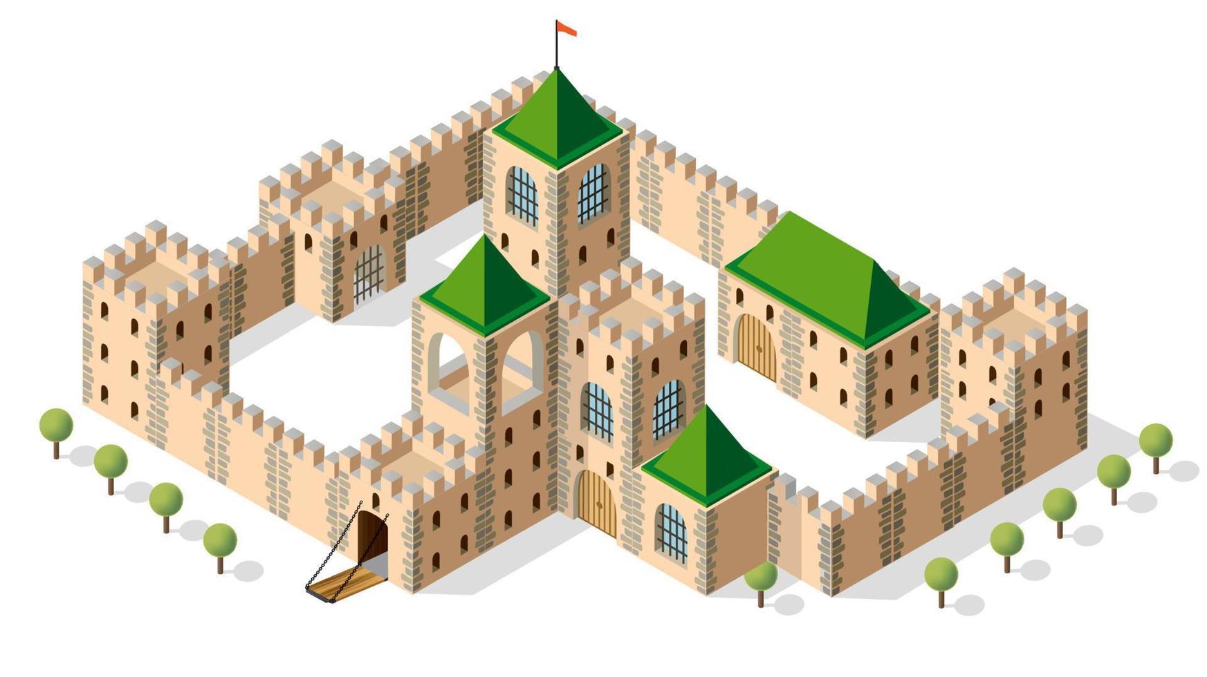 Medieval fortress fort. Isometric view vintage medieval fortress fort vector