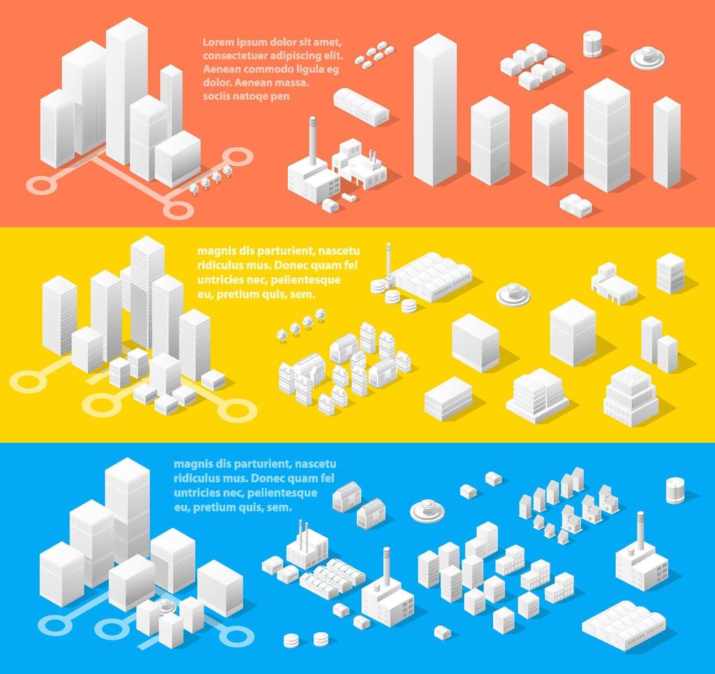 Vector isometric center of the city on the map with a large number of buildings, skyscrapers, factories, parks and vehicles. Isometric view of a large modern city business.