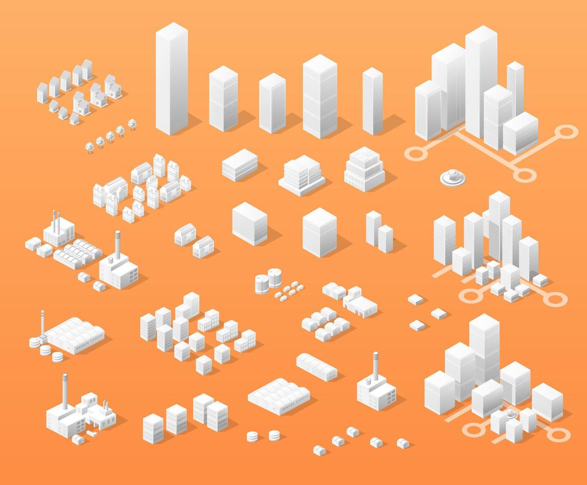 Vector isometric center of the city on the map with a large number of buildings, skyscrapers, factories, parks and vehicles. Isometric view of a large modern city business.