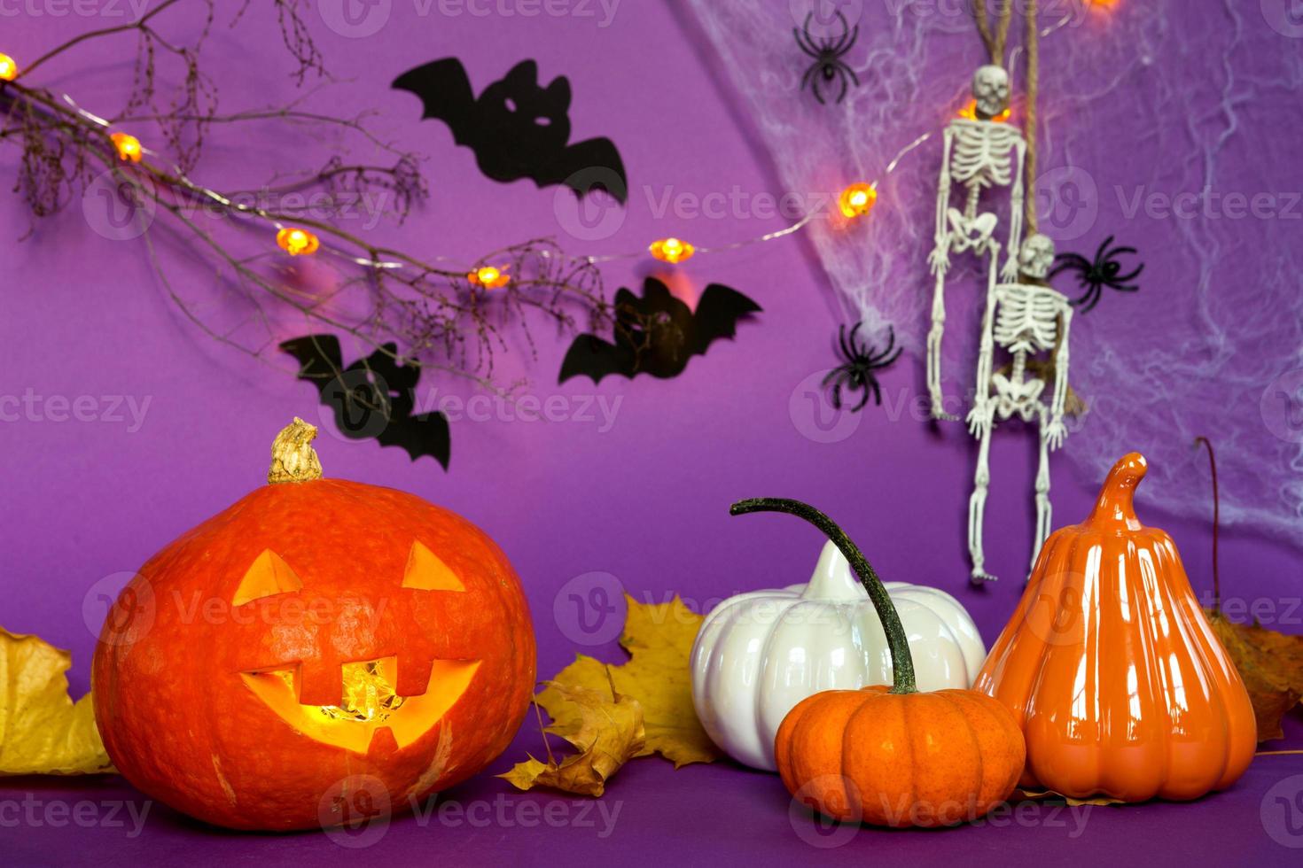 Halloween backgrounds of Jack lantern pumpkin, spider web, skeleton on a rope, spiders and black bats on a purple background with terrible scenery. Horror and a scary holiday with copy space photo