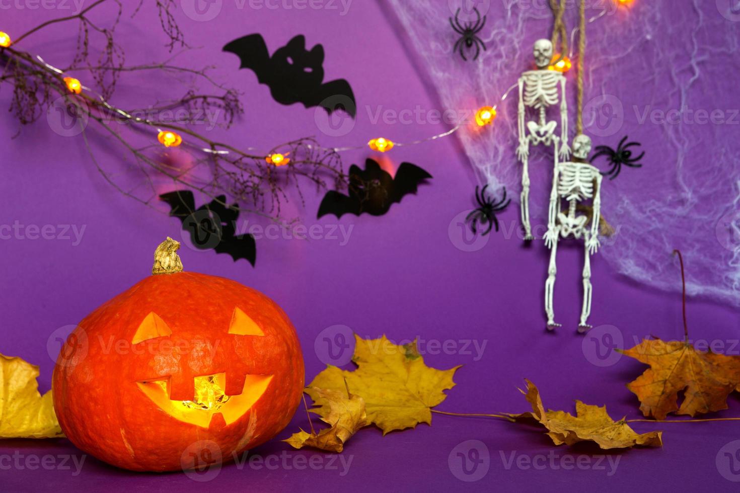 Halloween backgrounds of Jack lantern pumpkin, spider web, skeleton on a rope, spiders and black bats on a purple background with terrible scenery. Horror and a scary holiday with copy space photo