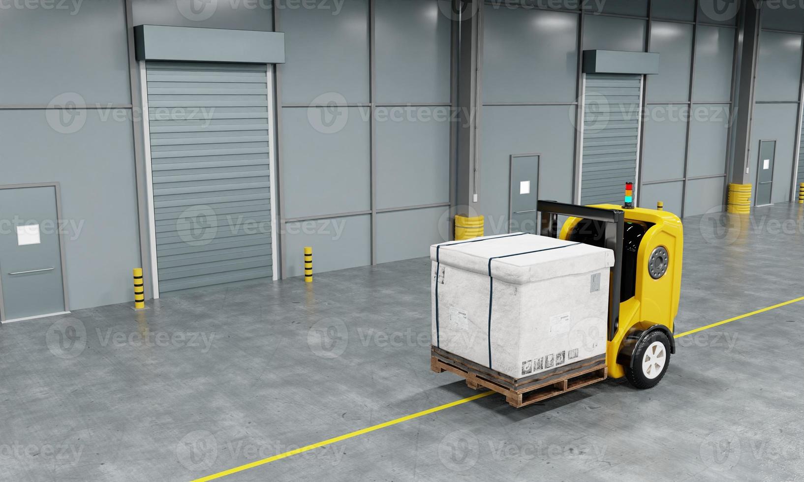 Driverless robotics car forklift robot lifting and moving pallets cardboard box to storage room in the factory background. Business industrial and production concept. and a 3D illustration rendering photo