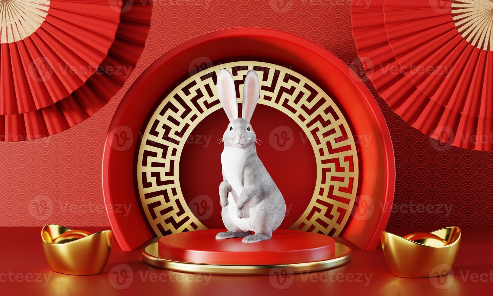 Chinese new year 2023 year of rabbit or bunny on red Chinese pattern with hand fan background. Holiday of Asian and traditional culture concept. 3D illustration rendering photo