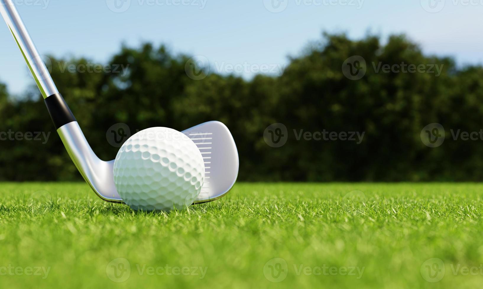 Golf ball and golf club with fairway green background. Sport and athletic concept. 3D illustration rendering photo