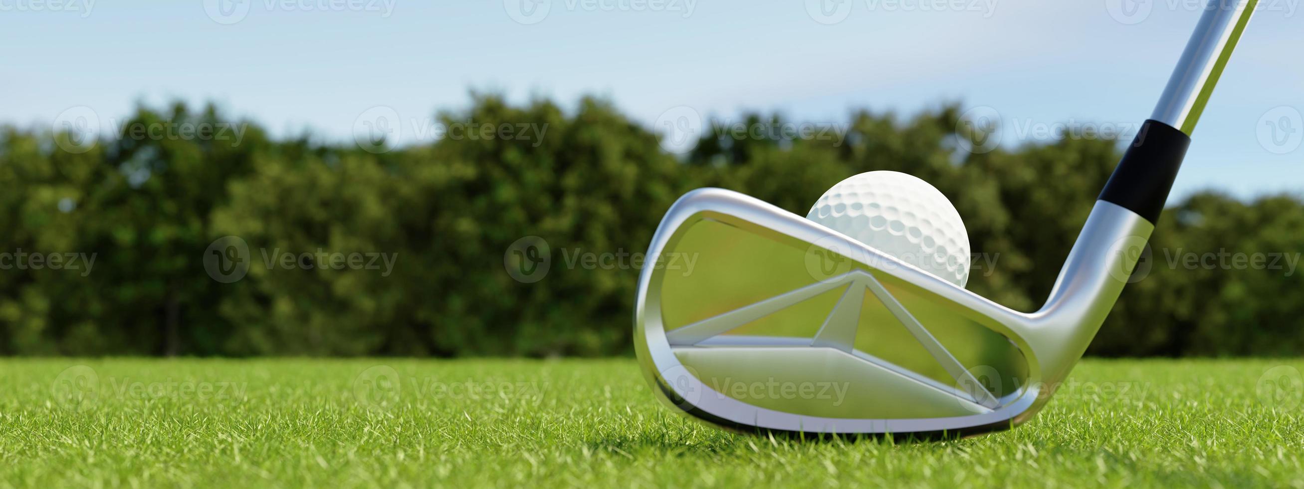 Golf ball on tee and golf club with fairway green background. Sport and athletic concept. 3D illustration rendering photo