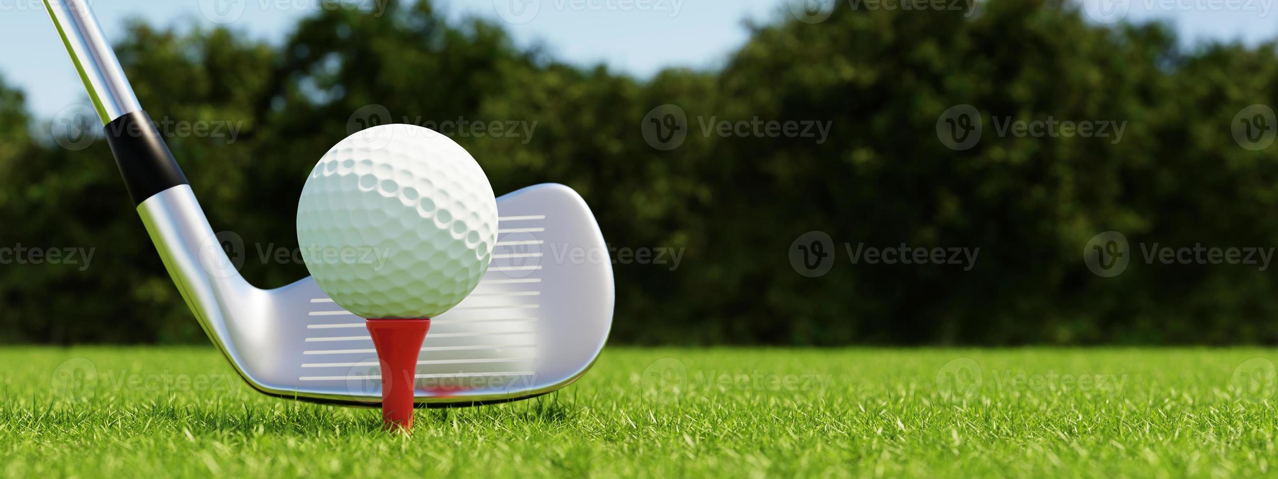 pelota de golf en tee y club de golf con fondo verde de calle. concepto deportivo y atlético. representación de ilustración 3d foto