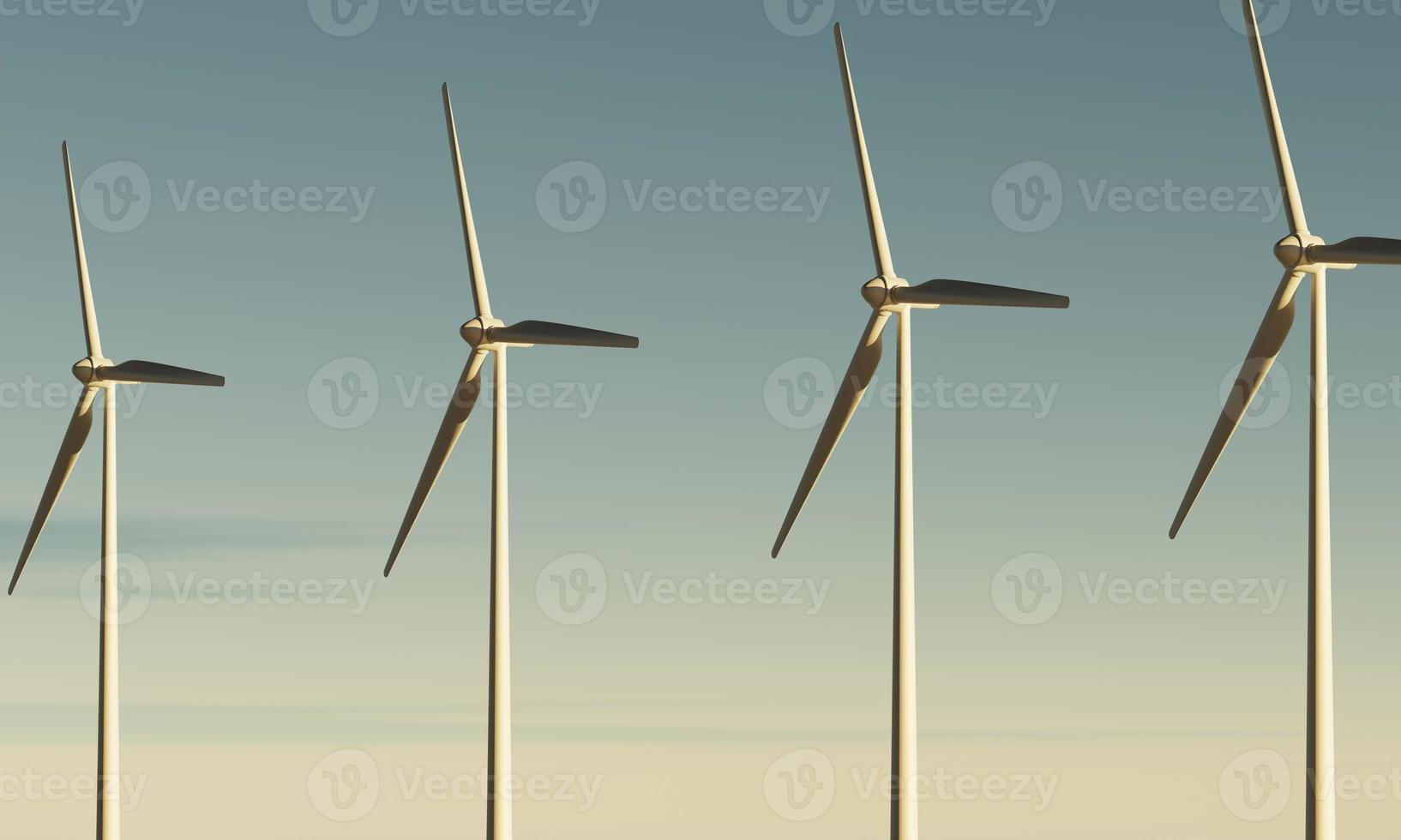Wind turbines spinning to generate electricity for households on sea with dawn sky as renewable power plant. clean and sustainable energy concept. 3D illustration rendering photo