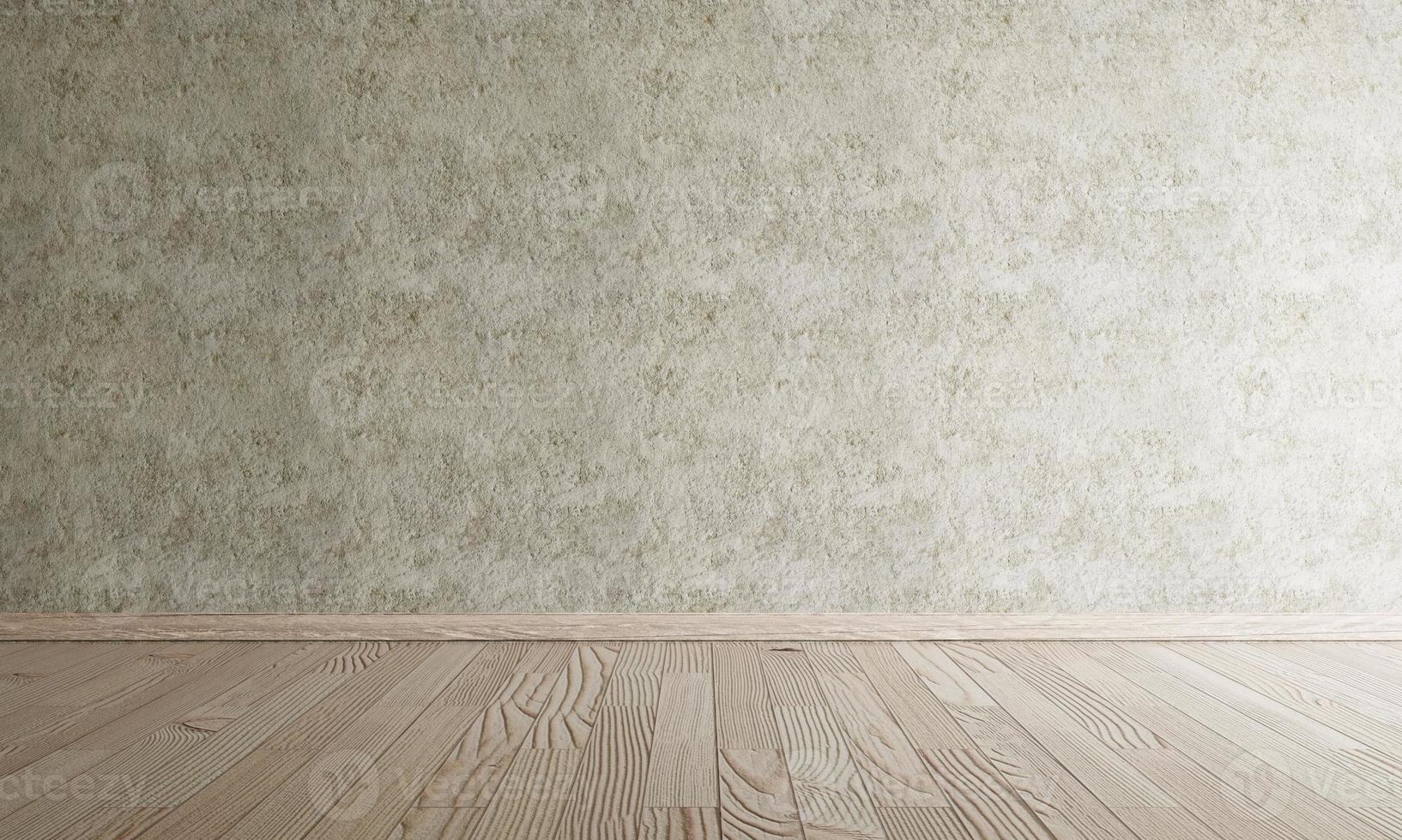Empty room with wooden floor and raw concrete wall in dark tone vintage style background. Interior architecture and construction material wallpaper concept. 3D illustration rendering photo