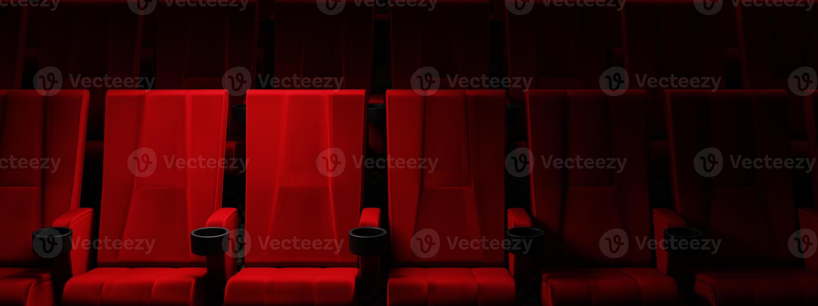 filas de asientos de terciopelo rojo viendo películas en el cine con el foco de atención solo un par de asientos de lujo de fondo. concepto de entretenimiento y teatro. representación de ilustración 3d foto