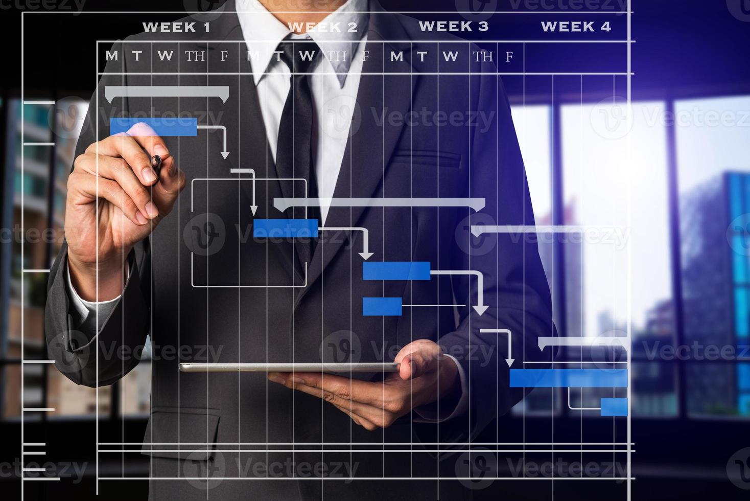 Project manager working and update tasks with milestones progress planning and Gantt chart scheduling diagram. business working with smart phone, tablet and laptop in office. photo