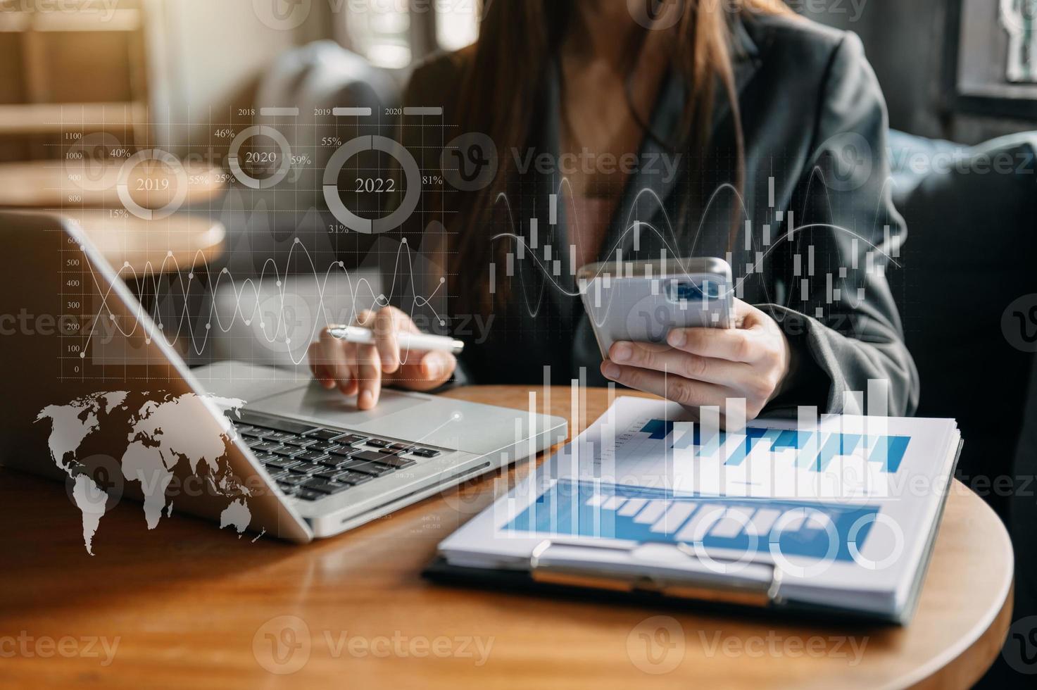 Data Management System with Business Analytics concept. business team hands working with provide information for Key Performance Indicators and marketing analysis onn virtual icon photo