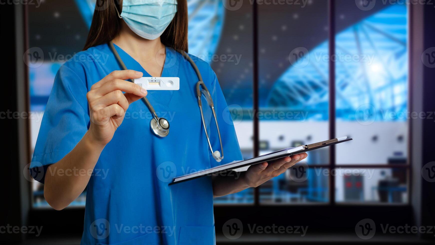 COVID-19 virus disease diagnostic,doctor holding Coronavirus test cassette,rapid strep  kit,quick antigen detection testing photo
