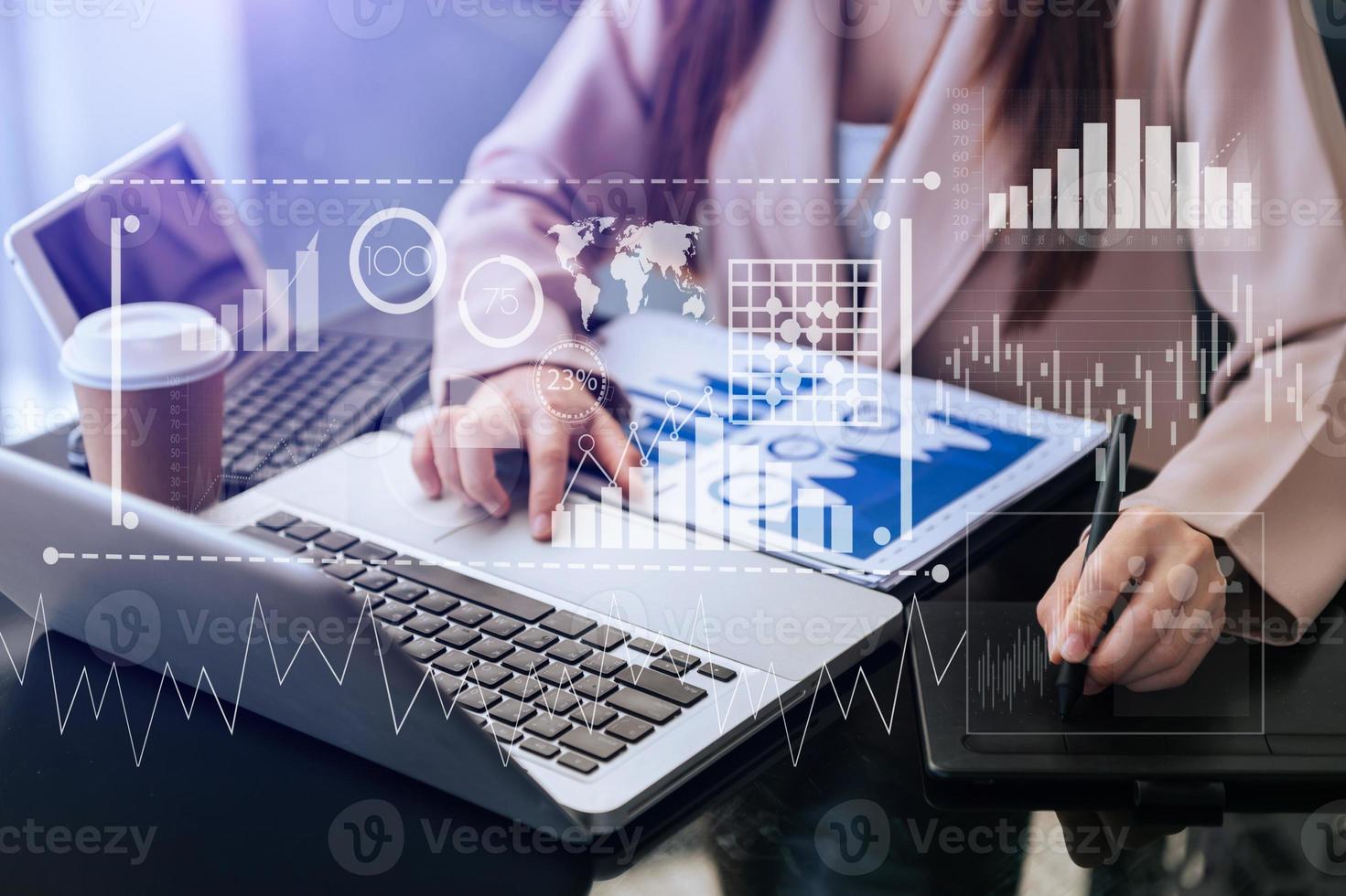 business operations balance sheet  working with laptop computer, tablet and smart phone in office photo