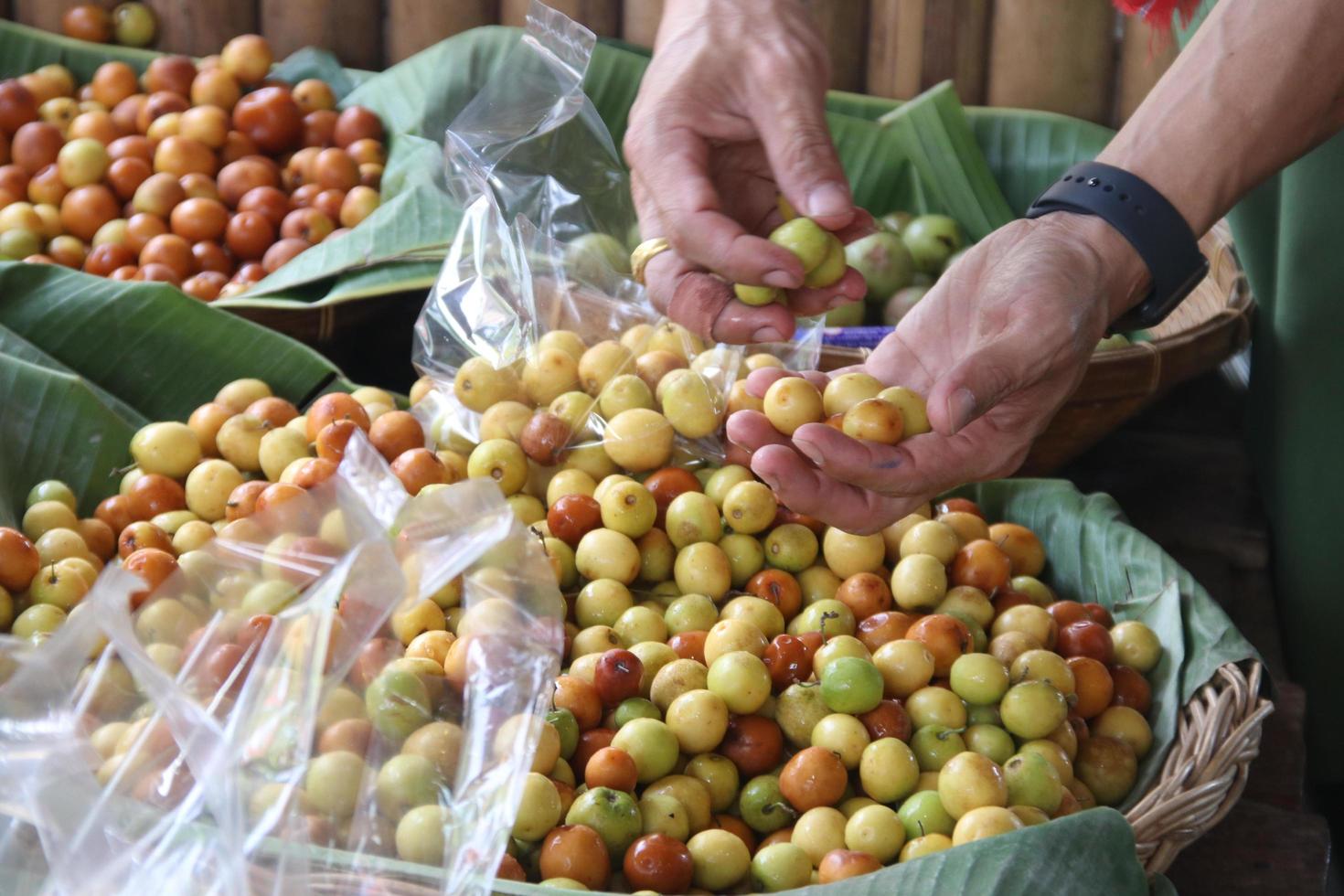 A hand selecting Monkey Apples in basket. Monkey Apples have dark and light brown, yellow and light green color. photo