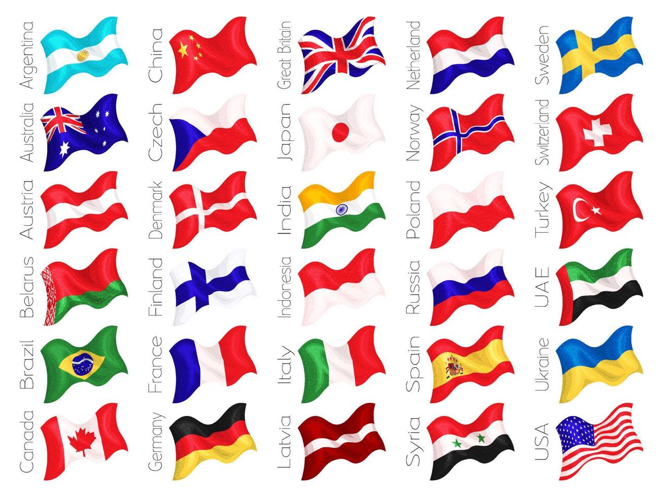 Set of waving flags of countries of the world. Isolated on white. Vector illustration.