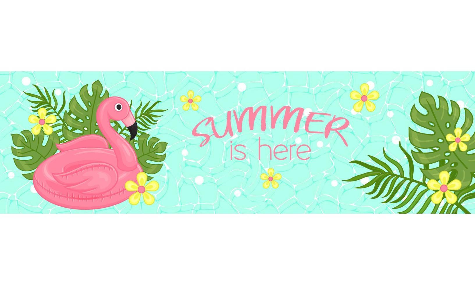 banner de verano con flamencos, hojas tropicales y flores. volante horizontal. parte superior del sitio. ilustración vectorial estilo de dibujos animados vector